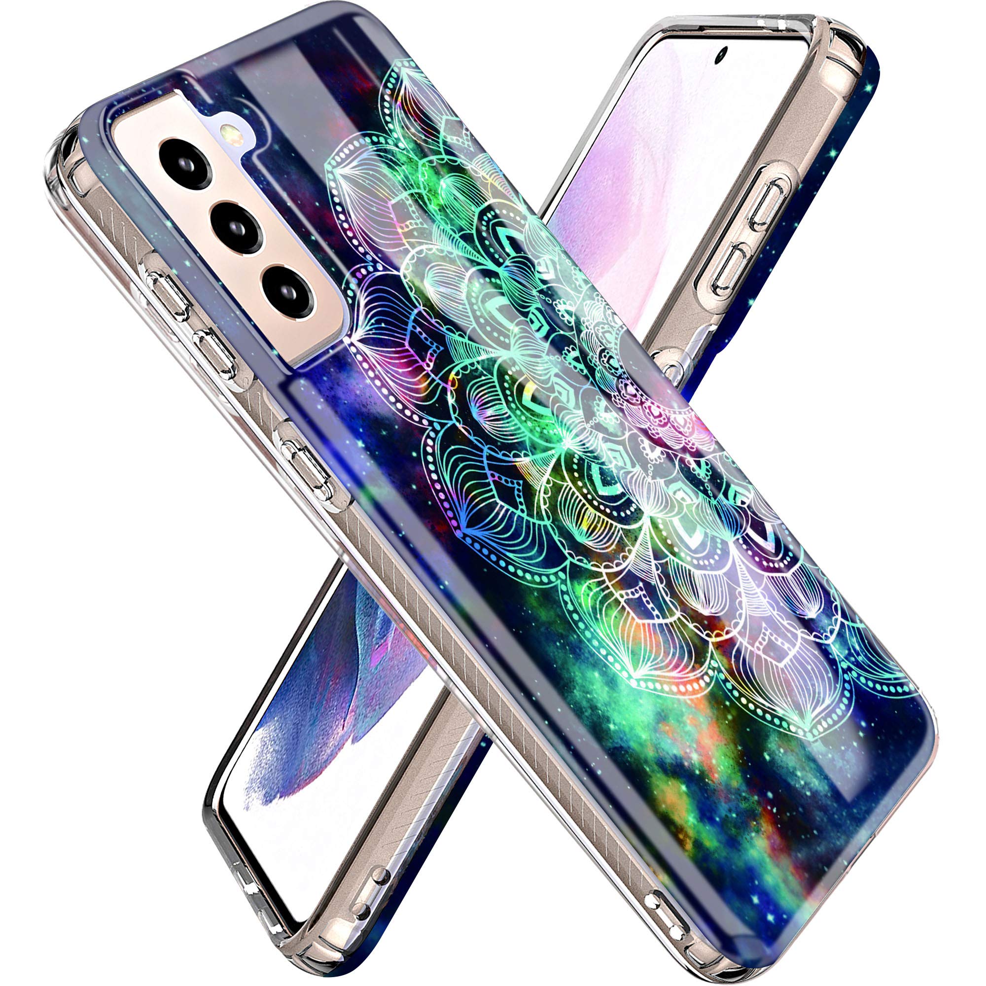 JDBRUIAN Galaxy S21 Plus Case, Hybrid Hard Plastic Back Soft Clear Glitter TPU Edge Bumper Drop Shockproof Protective Cover for Galaxy S21 Plus 6.7 inch - Mandala in Galaxy