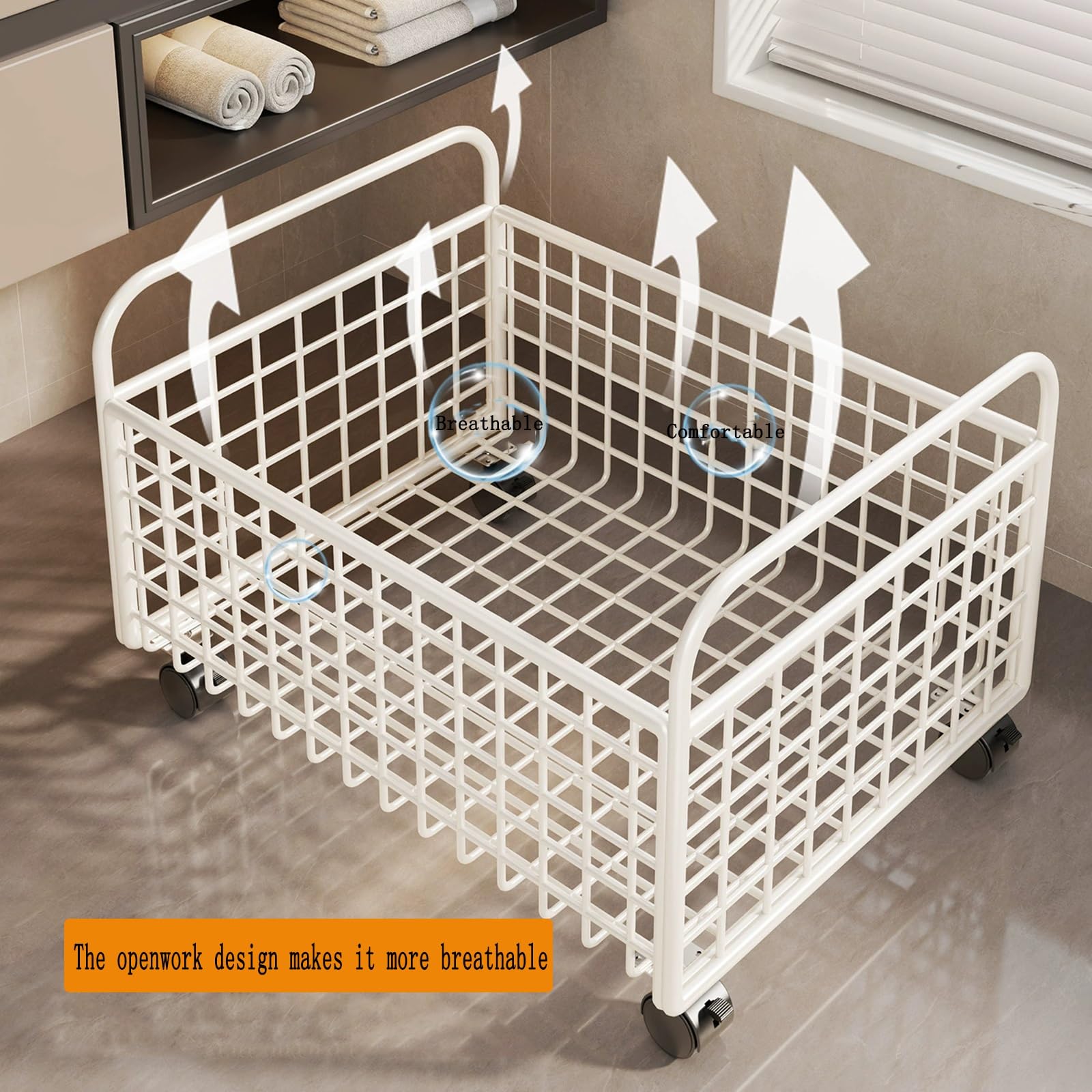 Cesta biancheria metallica bianca su ruote due manici ventilata per bagno | Cesta biancheria metallica bianca rete ruote manici bagno vestiti sporchi ventilata giocattoli(Weiß,48*30*25)