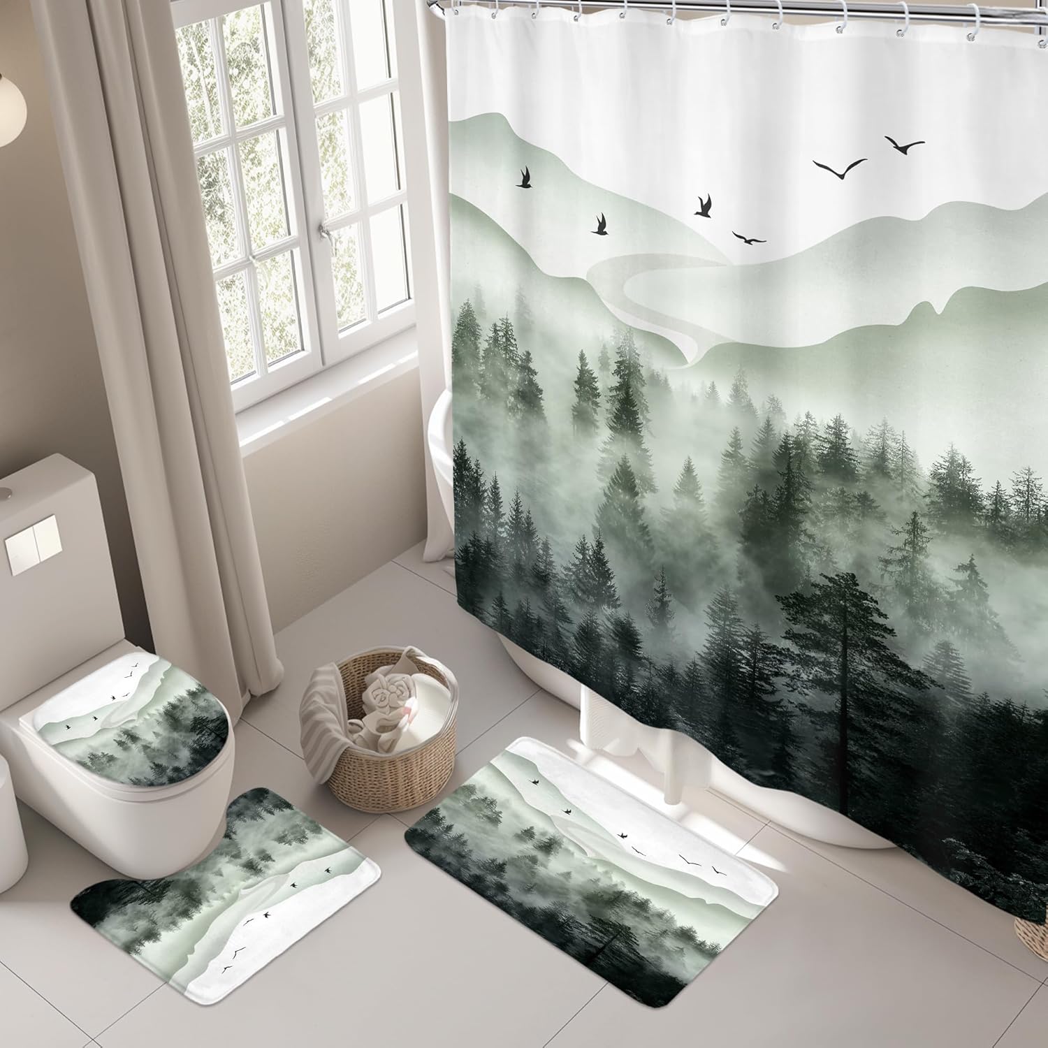 Riyidecor Misty Rainforest 4Pcs Bathroom Shower Curtain Sets Green Foggy Tree Woodland Bathroom Decor Set with Rugs and Accessories Rustic Mountain Toilet Lid Rug, Contour and Bath Mat with 12 Hooks