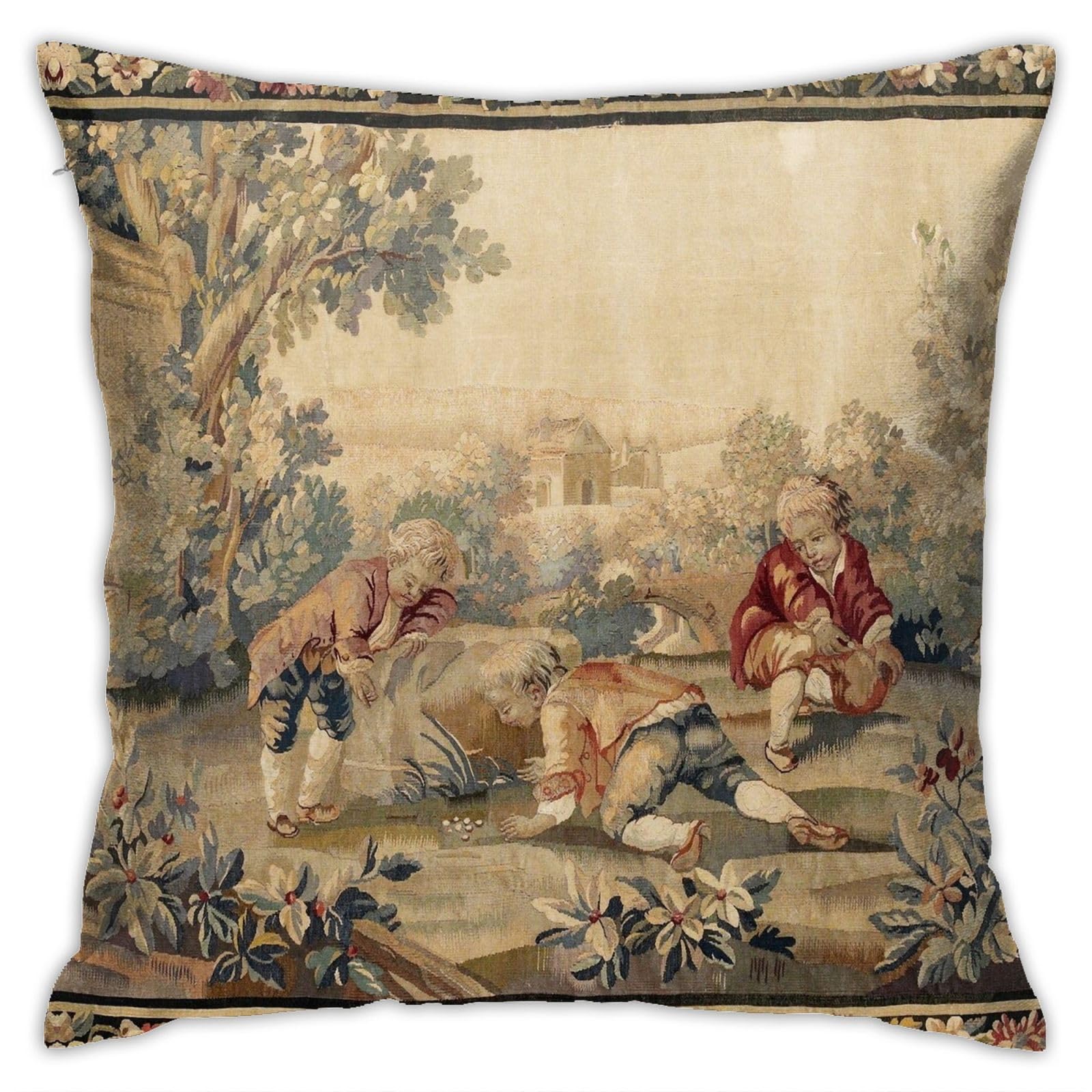 Ilpizzino Color 4 Aubusson Antique French Tapestry Print Throw Pillow Covers 18"X18" Cozy Velvet Square Throw Pillowcases Home Decor For Bed Couch Sofa Living Room Cushion Cover