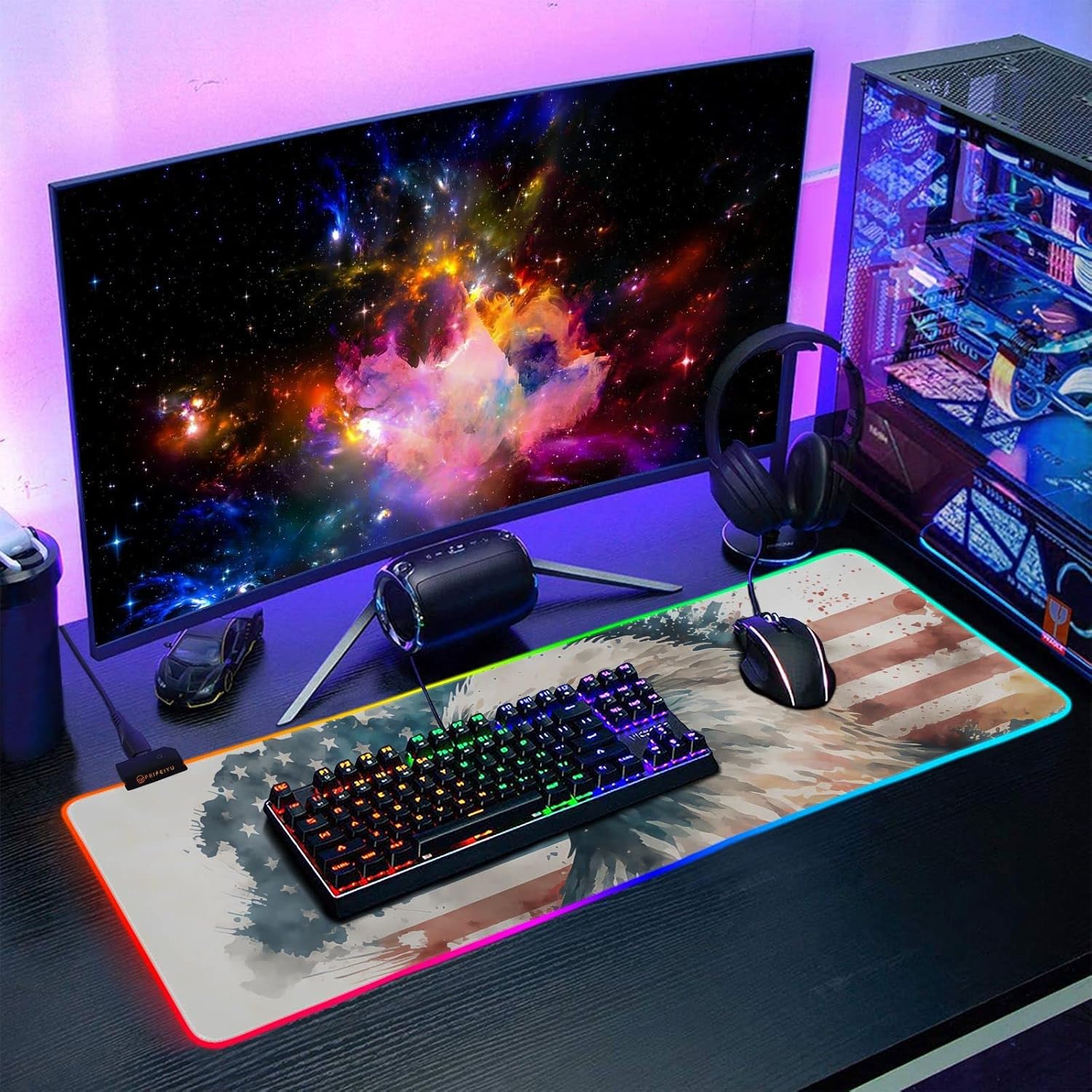 Gaming Mouse Pad (Eagle USA Map), RGB Light Large Fabric Soft Desk Mat with Multiple Light Modes Anti Slip Rubber Base 2 Size