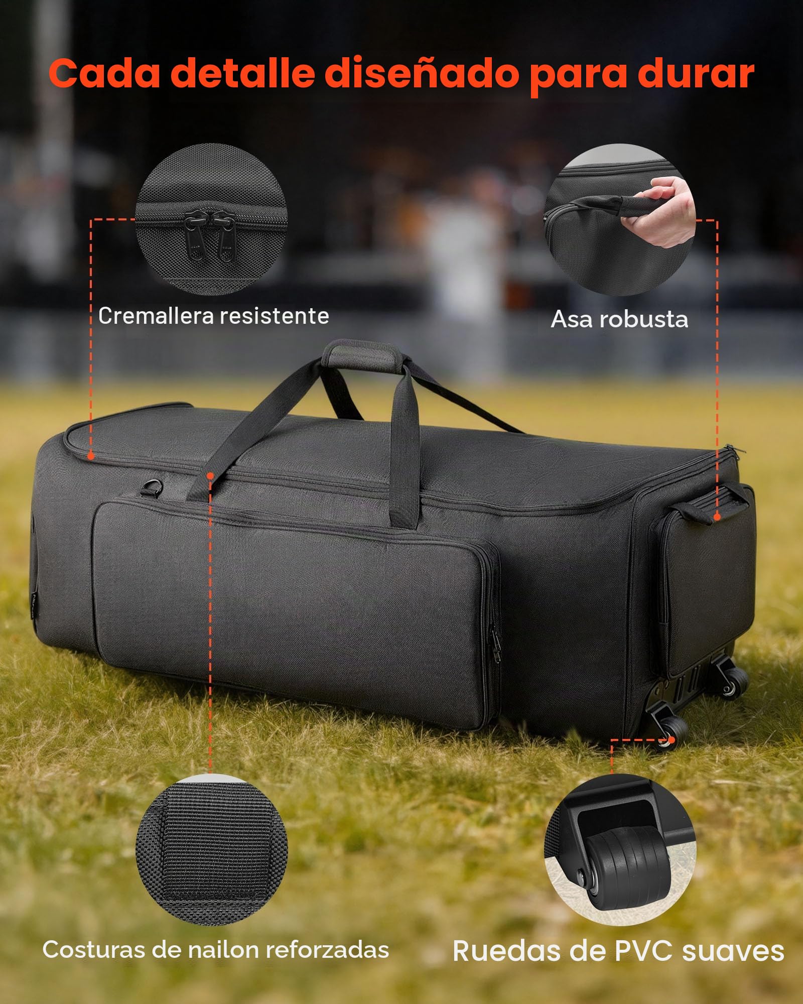 VEVOR Bolsa de Transporte para Herrajes de Batería, 90 x 35 x 32 cm, Funda para Hardware de Batería con Ruedas Correa de Hombro, 1680D Impermeable Antichoque, para Soportes Pedal Accesorios, Negro