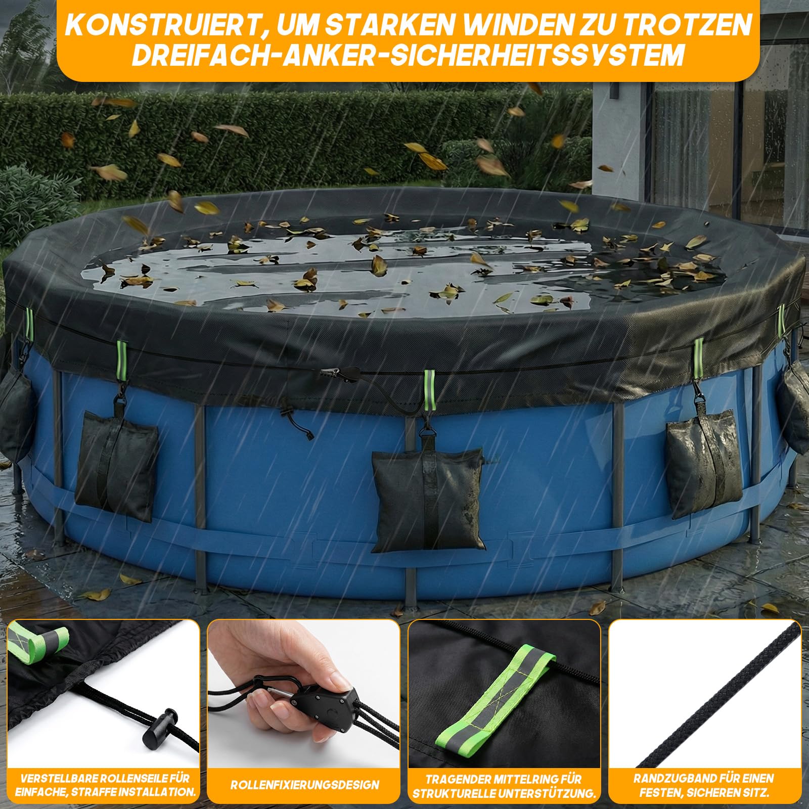 2026 Upgrade Poolabdeckung Rund 366 cm – mit Reflexstreifen und Eine gewogen Werden& 210D Oxford | Ganzjahresplane für Sommer und Winter (schwarz, 366CM)