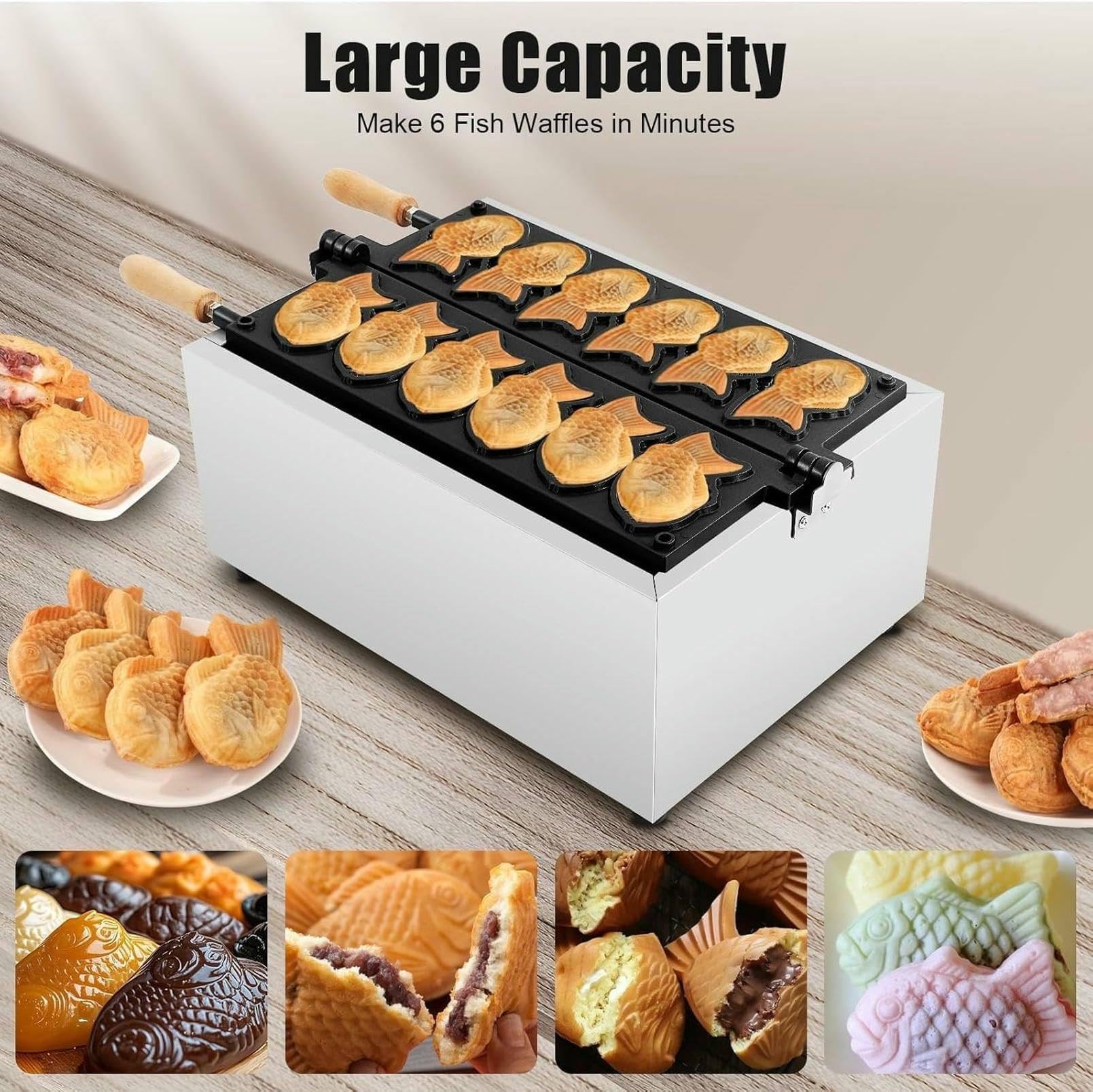 Generisch Gofrownica do taiyaki, 6 ryb, 3000 W, powłoka nieprzywierająca, komercyjna maszynka do przekąsek do pysznych gofrów i deserów, łatwa obsługa i czyszczenie