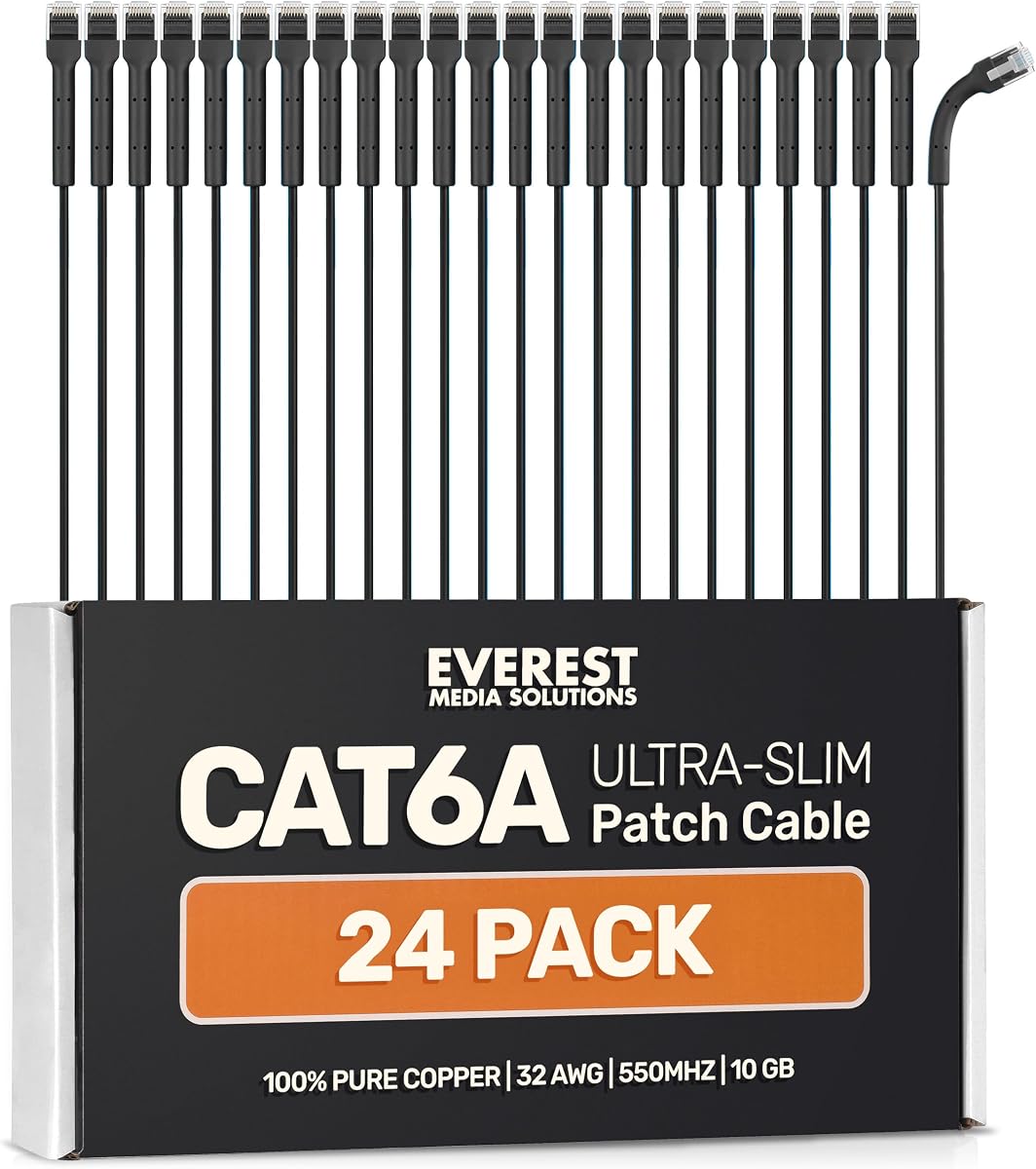 Everest Ultra Slim Cat6a Ethernet Patch Cables 2ft (24-Pack) Black | Bendable, Thin and Flexible