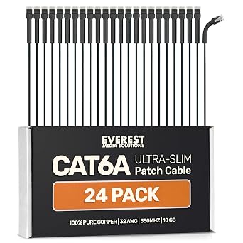 Everest Ultra Slim Cat6a Ethernet Patch Cables 1ft 24-Pack Black | Bendable, Thin and Flexible