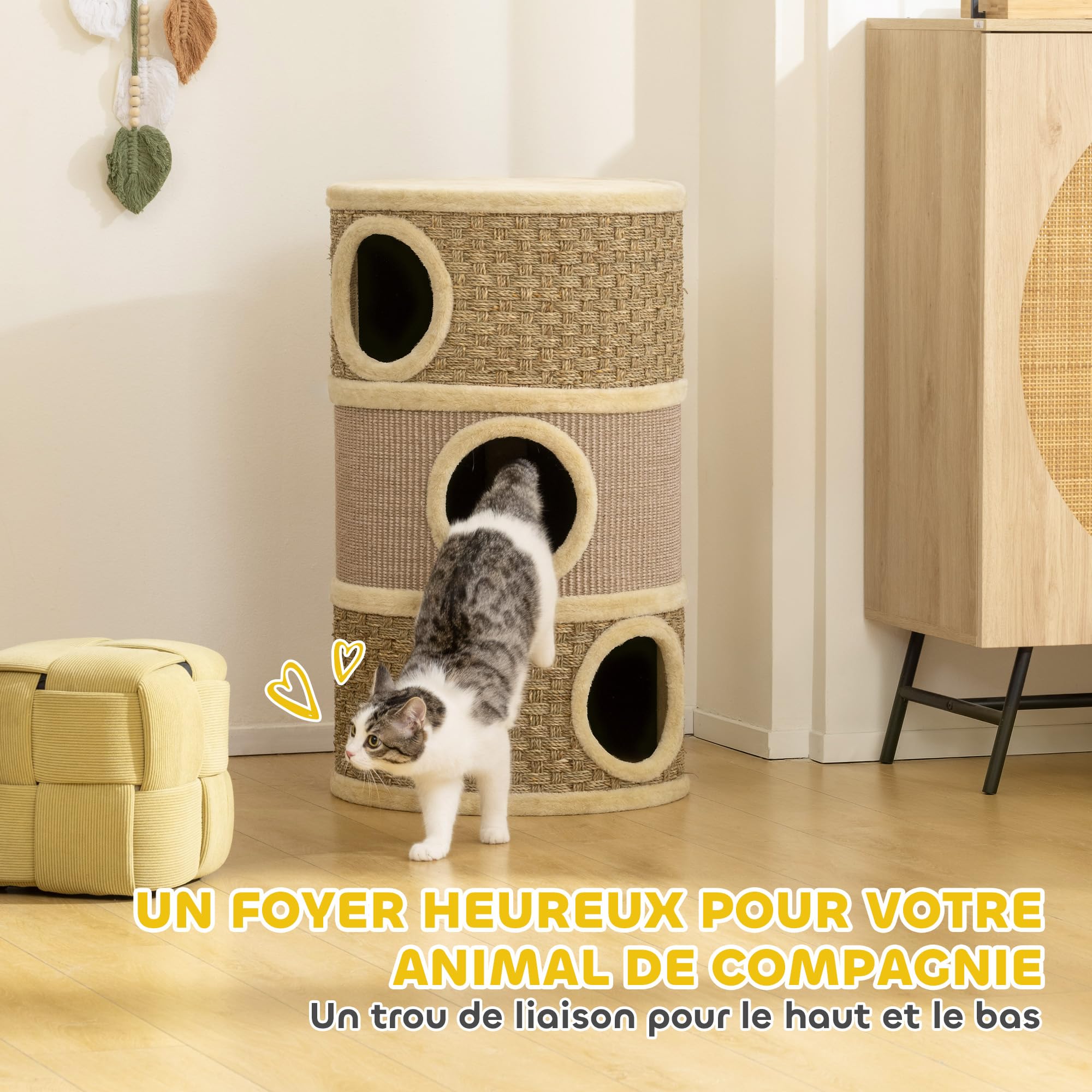 PawHut Tonneau à Gratter pour Chat 3 Niveaux, Arbre à Chat Sisal Naturel et Herbiers Marins Recouvert de Peluche 45 x 45 x 79 cm Kaki et Café