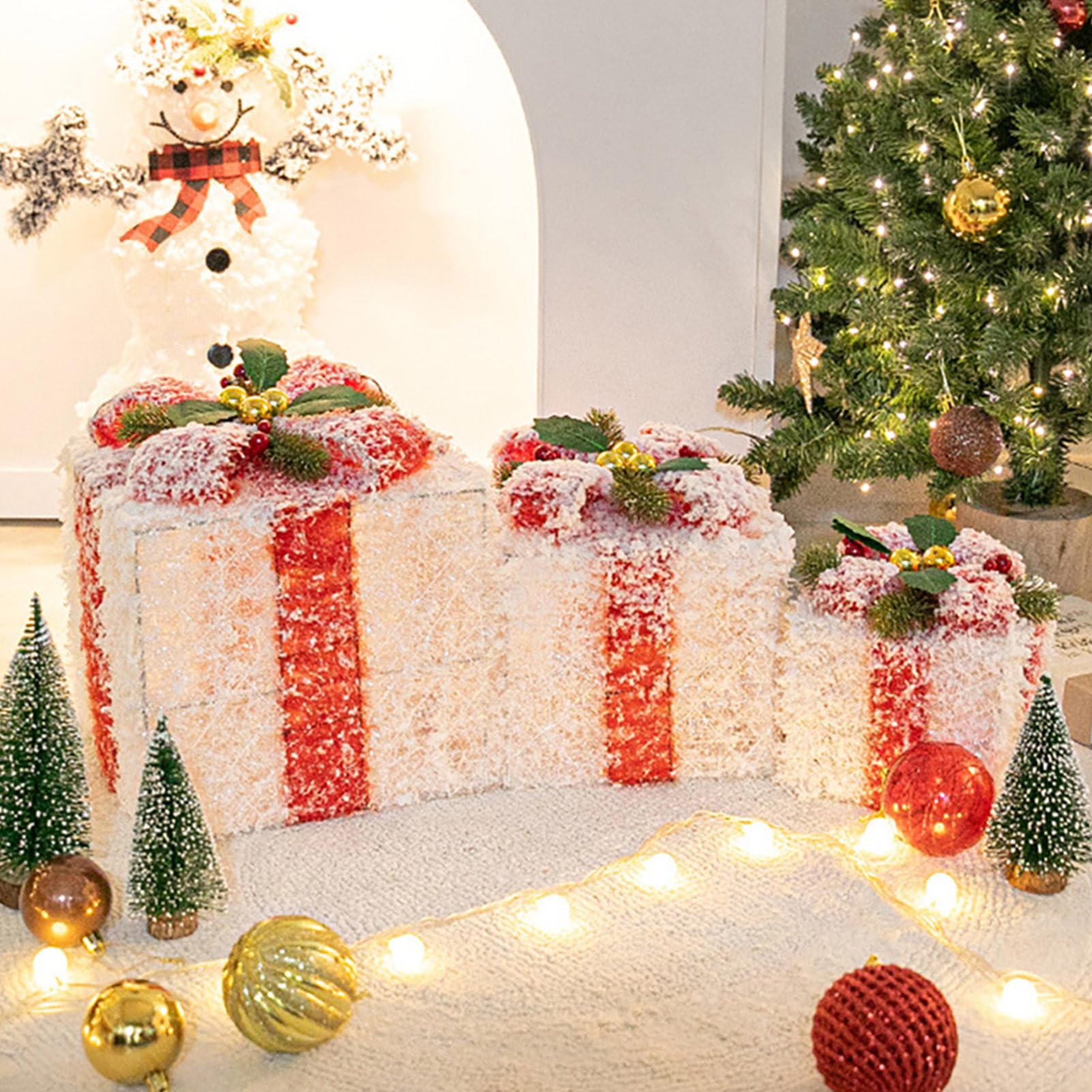 Set di scatole regalo, 3 confezioni regalo di Natale, fiocchi di neve, decorazione gonna albero di Natale, scatole regalo con fiocchi per decorazioni per feste e feste