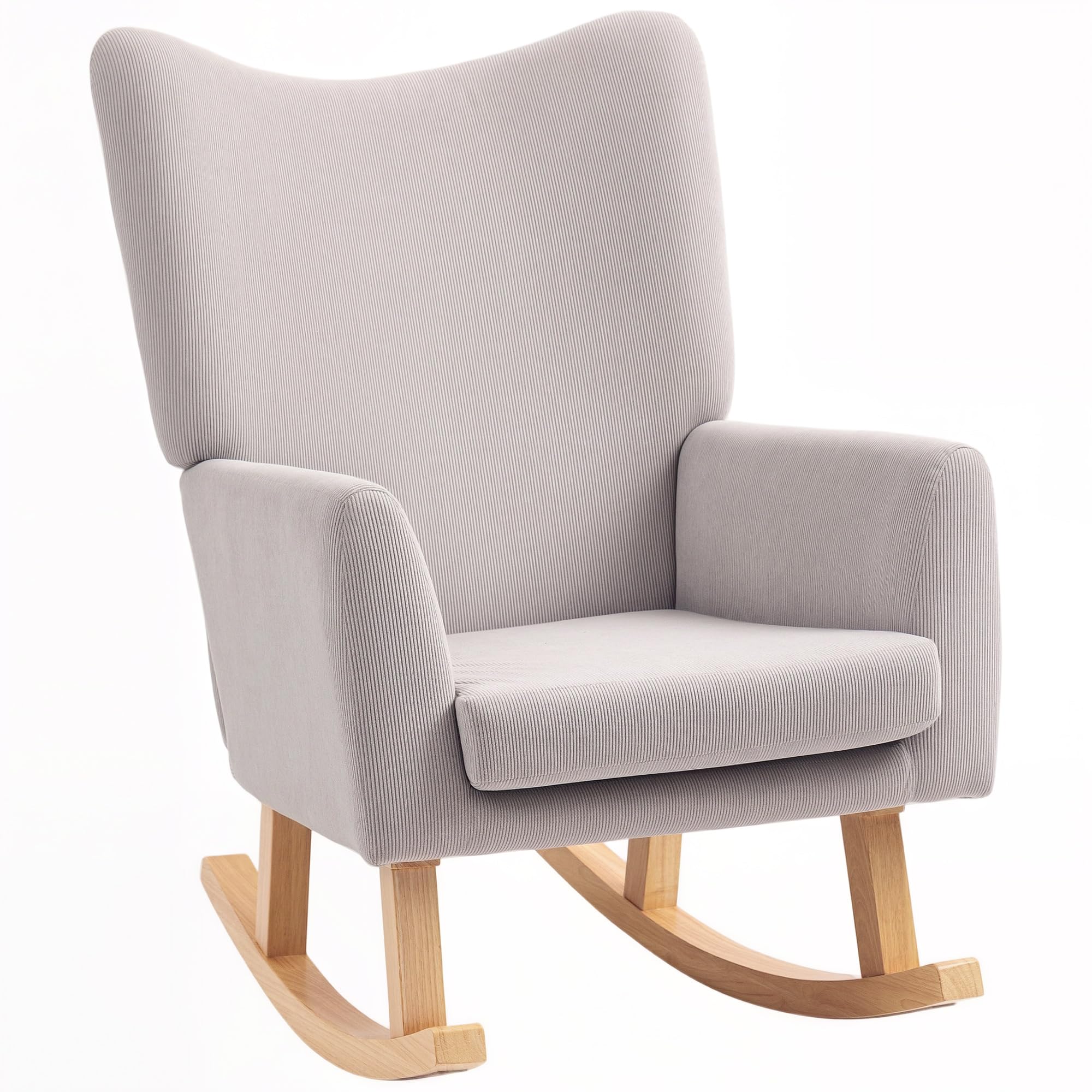HOMCOM Schaukelstuhl Schaukelsessel mit hoher Rückenlehne, Cord-Optik, Schwingsessel Sessel Relaxsessel mit breite Armlehne, Holzkufen, Stillsessel für Wohnzimmer, Schlafzimmer, Balkon Hellgrau