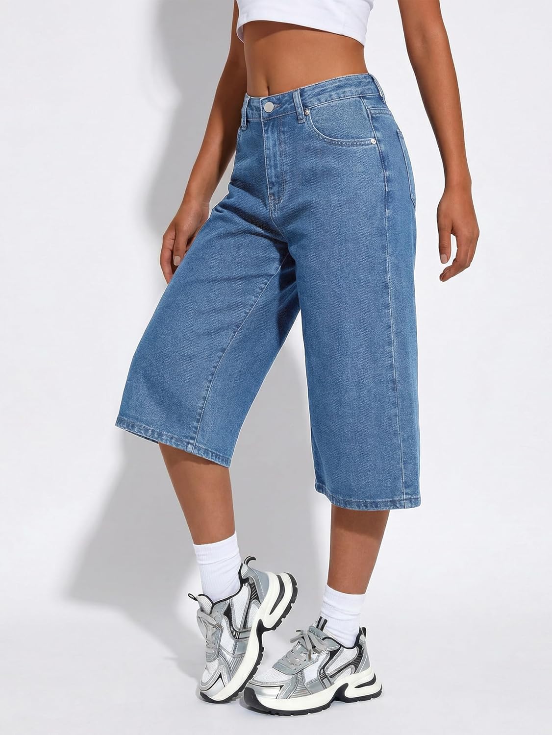 Emmiol Long Baggy Denim Jorts for Women - High Waisted Bermuda Y2k Jean Shorts Wide Leg Casual Trendy Streetwear Summer Pants - Image 2