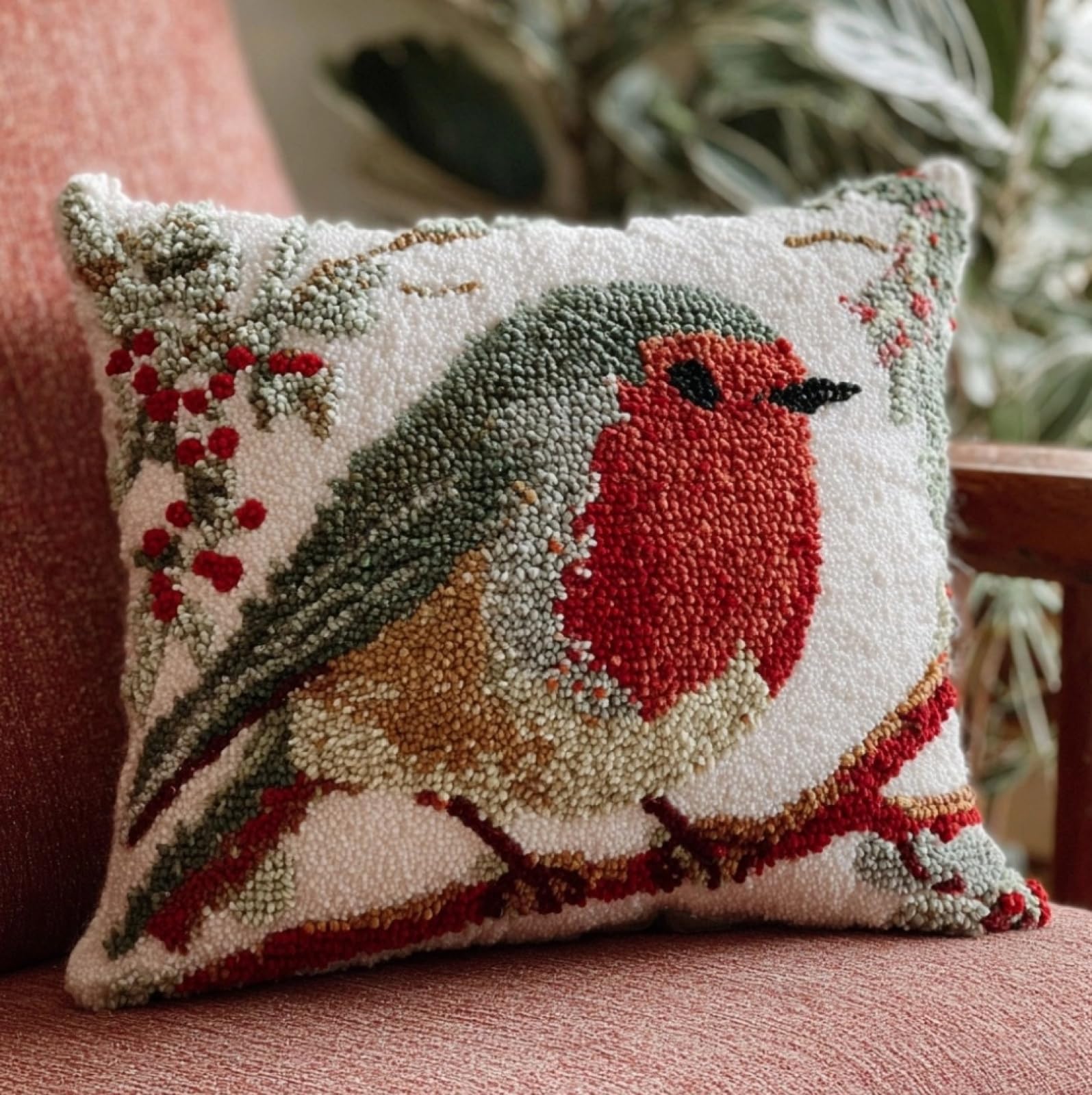 WallustrioaW Latch Hook Craft Cushion Kit 43x43cm,Robin