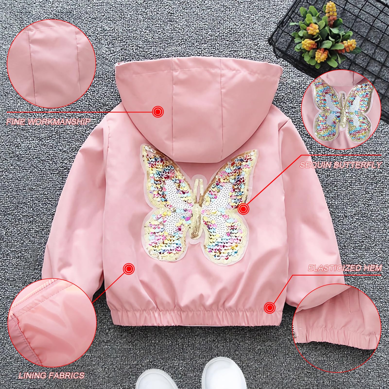 Enfant Fille Veste à Capuche Manteau Coupe-vent Blouson Trench-coat avec Papillon à Paillettes pour Printemps Automne