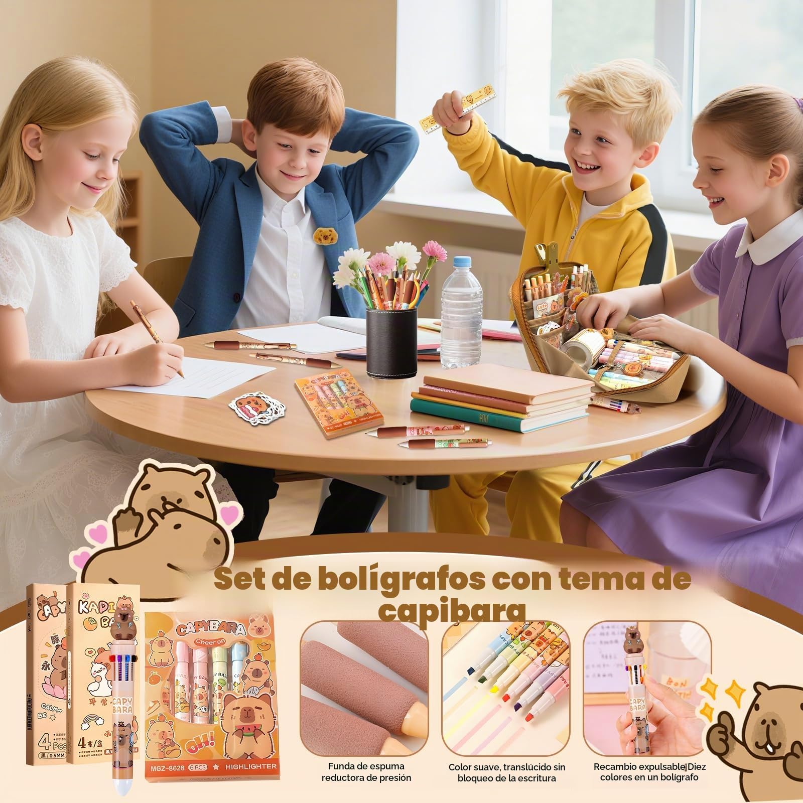 Pardofelis 66 piezas Capybara Papelería Set Lindo Capybara Estuche de Regalo para Niños y Estudiantes, Estuche Capybara con Lápices Goma de Borrar Pegatinas Clips Reglas para Escuela Oficina