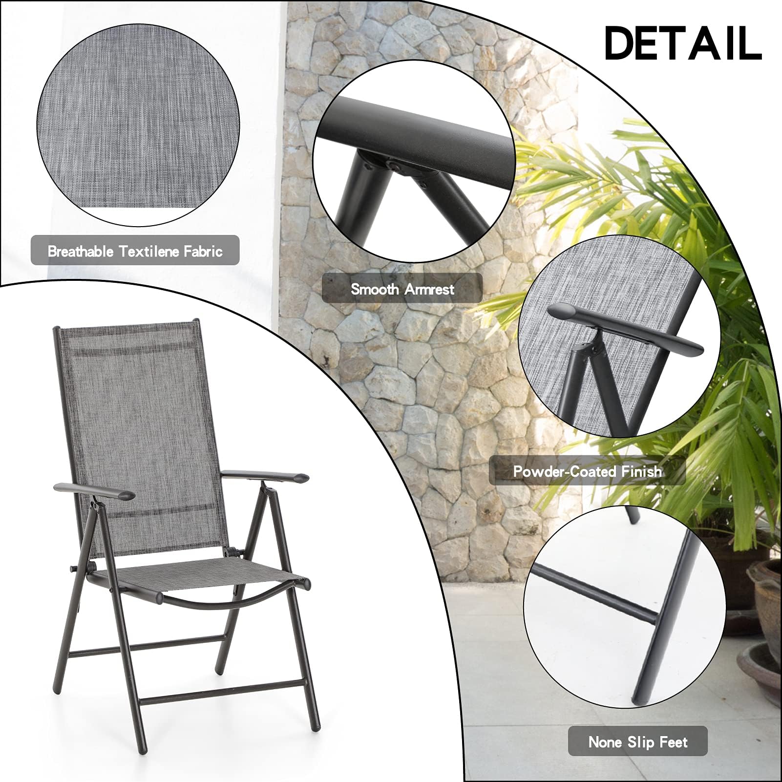 PHI VILLA 5 PCs Gartenmöbel Set Wetterfest Gartentisch mit Stühlen Outdoor Terrassenmöbel Set mit 7 Verstellbaren Garten Klappstühle Quadratischen Metall Stahl Esstisch mit 4cm Schirmloch Grau