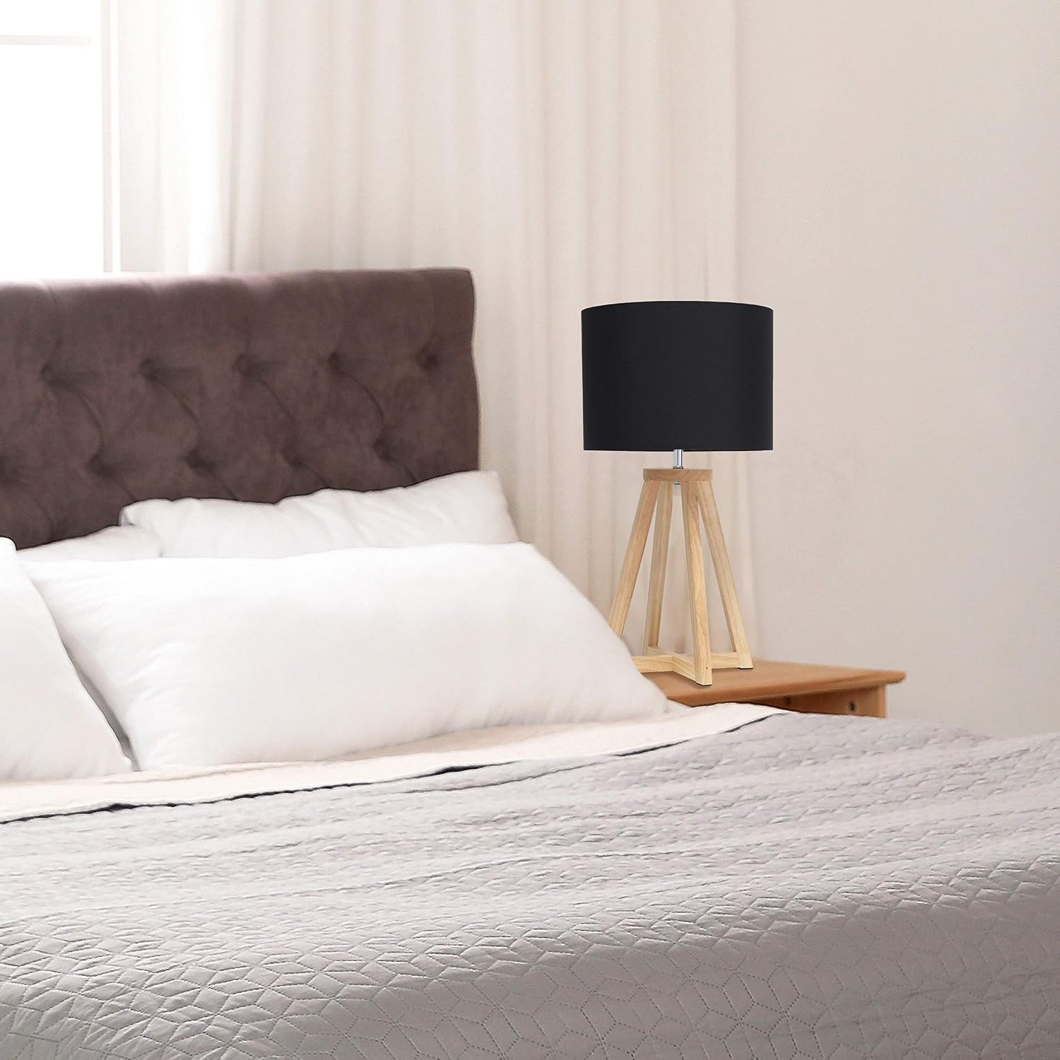 Simple Designs LT1069-NBK Interlocked Triangular Wood Fabric Shade Table Lamp, Natural/Black 9.88 x 9.88 x 19.13