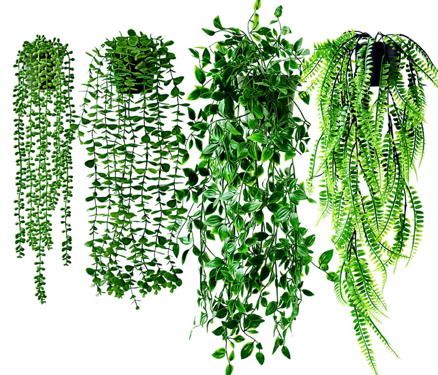Bafenli 4 Piezas Plantas Artificiales Colgantes con Macetas, Falso Vides de Eucalipto, Helecho de Boston para Inicio Habitación Pared Estantería Cuarto de Baño Oficina Interior Exterior Decoración