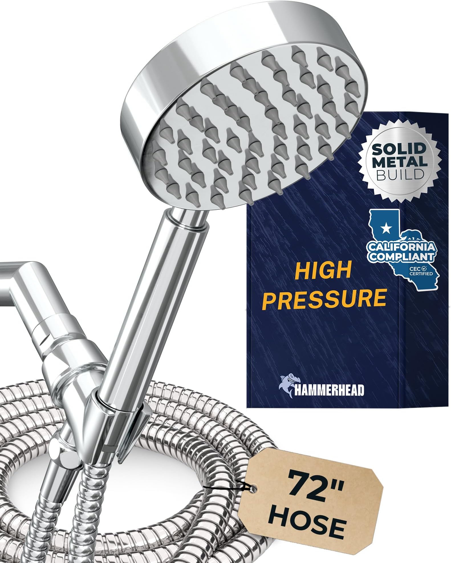Hammerhead Showers® All Metal Low Flow Handheld Shower Head with Hose and Brass Holder - Chrome – Water Saving 1.75 GPM Detachable Shower Head - Adjustable Shower Wand Bracket & 6ft Hose