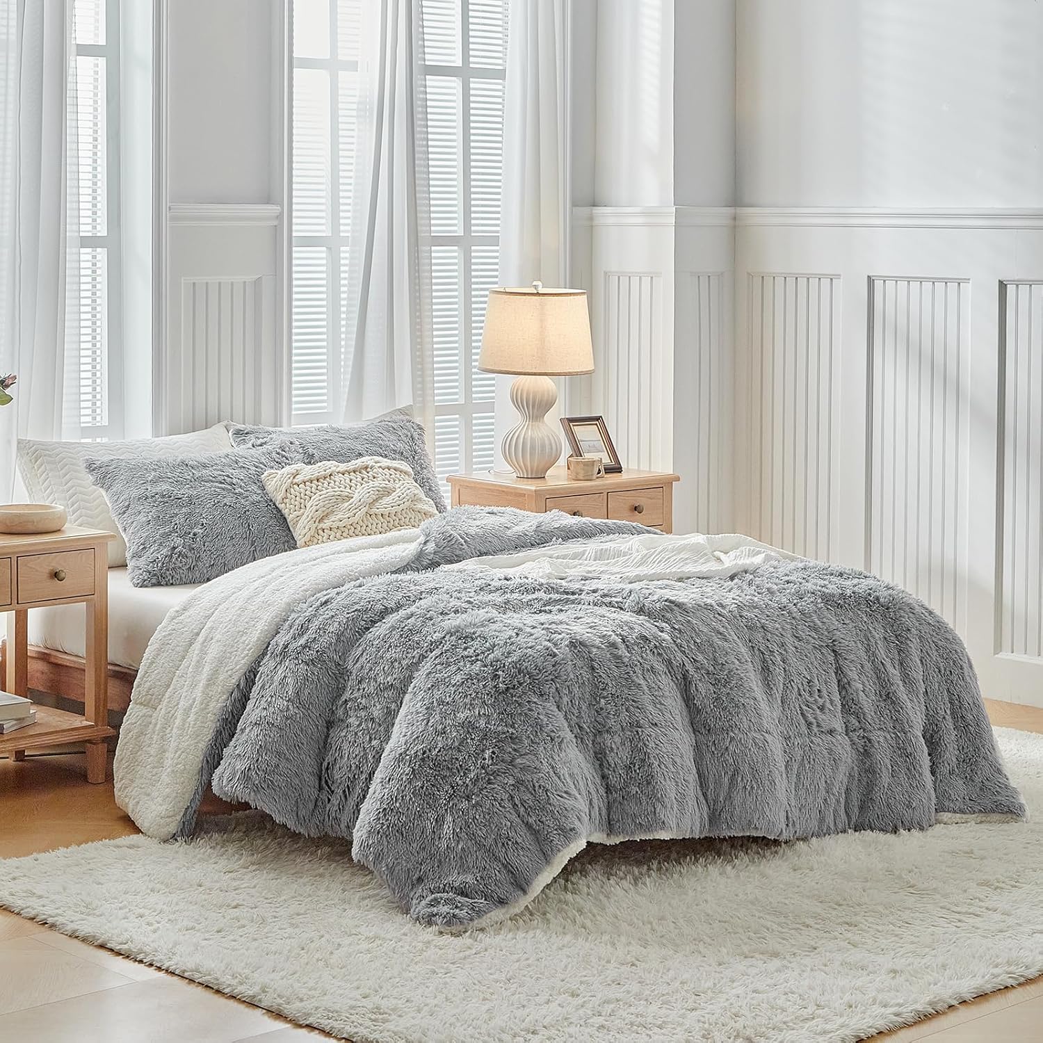 UOZZI BEDDING Gray Faux Fur Comforter Set Twin 3 Pieces - 1 Shaggy Comforter 68x86 and 2 Pillowcases, Ultra Soft and Easy Care Luxury Plush Super Warm Winter Shaggy Duvet Set - Image 3