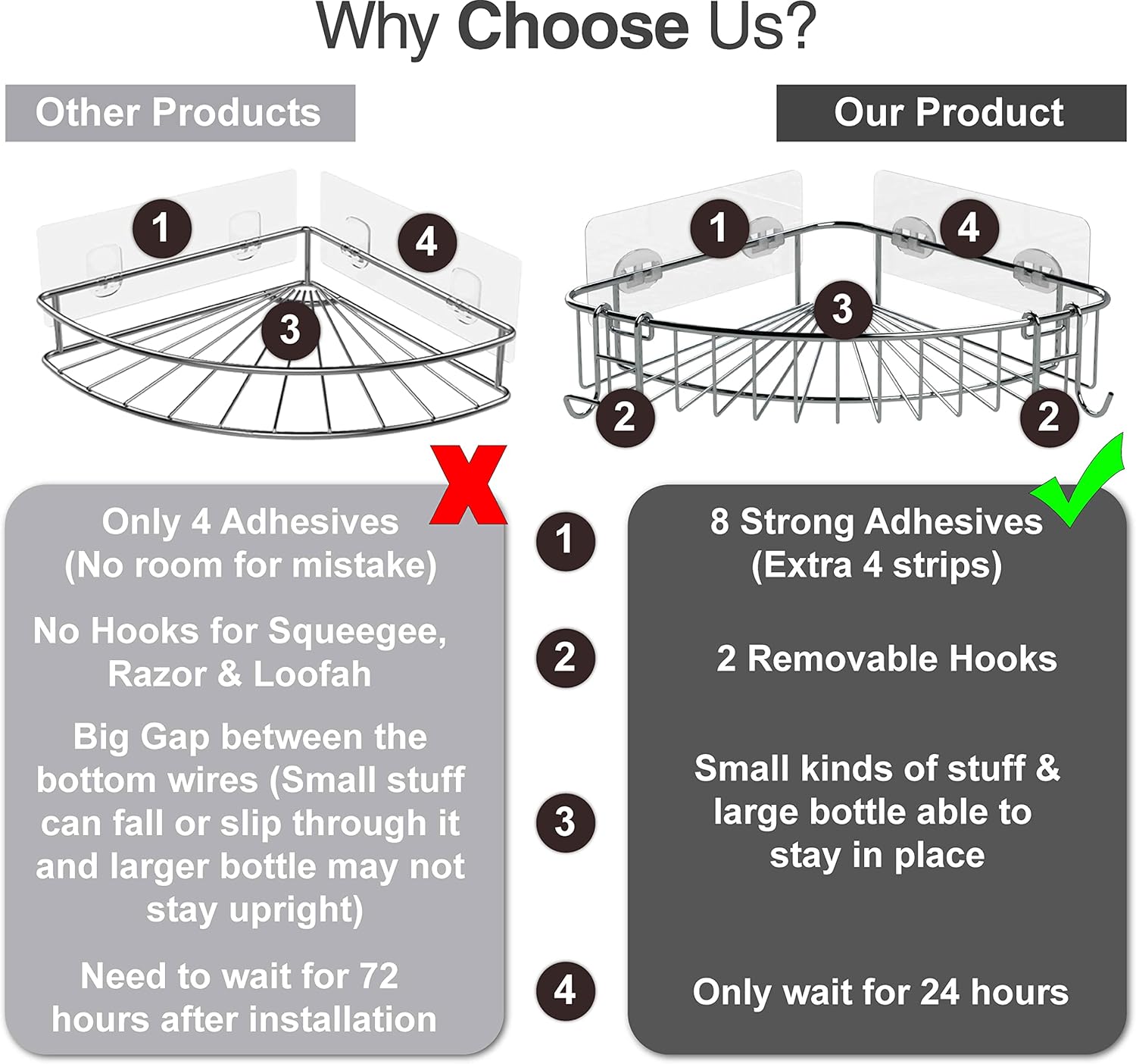 Shower Shelf for Inside Shower, Corner Shower Shelf, Shower Corner Caddy, Adhesive Shower Caddy, Shower Wall Caddy, Stainless Steel Shower Caddy Suction No Drill Bathroom Storage 2 Pack Black