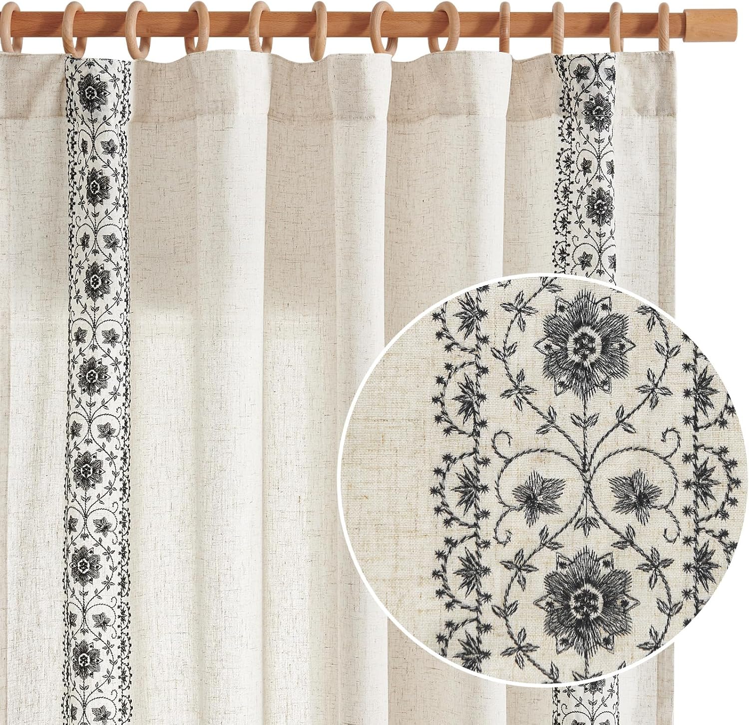 jinchan Boho Curtains for Living Room Black Vintage Floral Farmhouse Curtains 96 Inches Long Linen Blend Drapes for Bedroom Embroidered Light Filtering Drapes Rod Pocket Black on Beige 2 Panels Floral| Black on Beige 50"W x 96"L (Pack of 2)