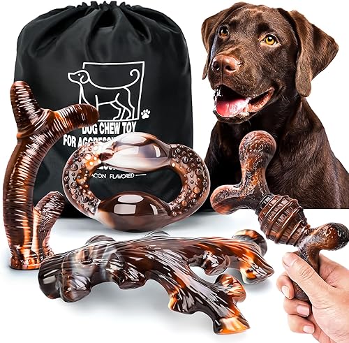 Paquete de 4 juguetes masticables para perros para masticadores agresivos, juguetes resistentes e indestructibles para perros con sabor a tocino,