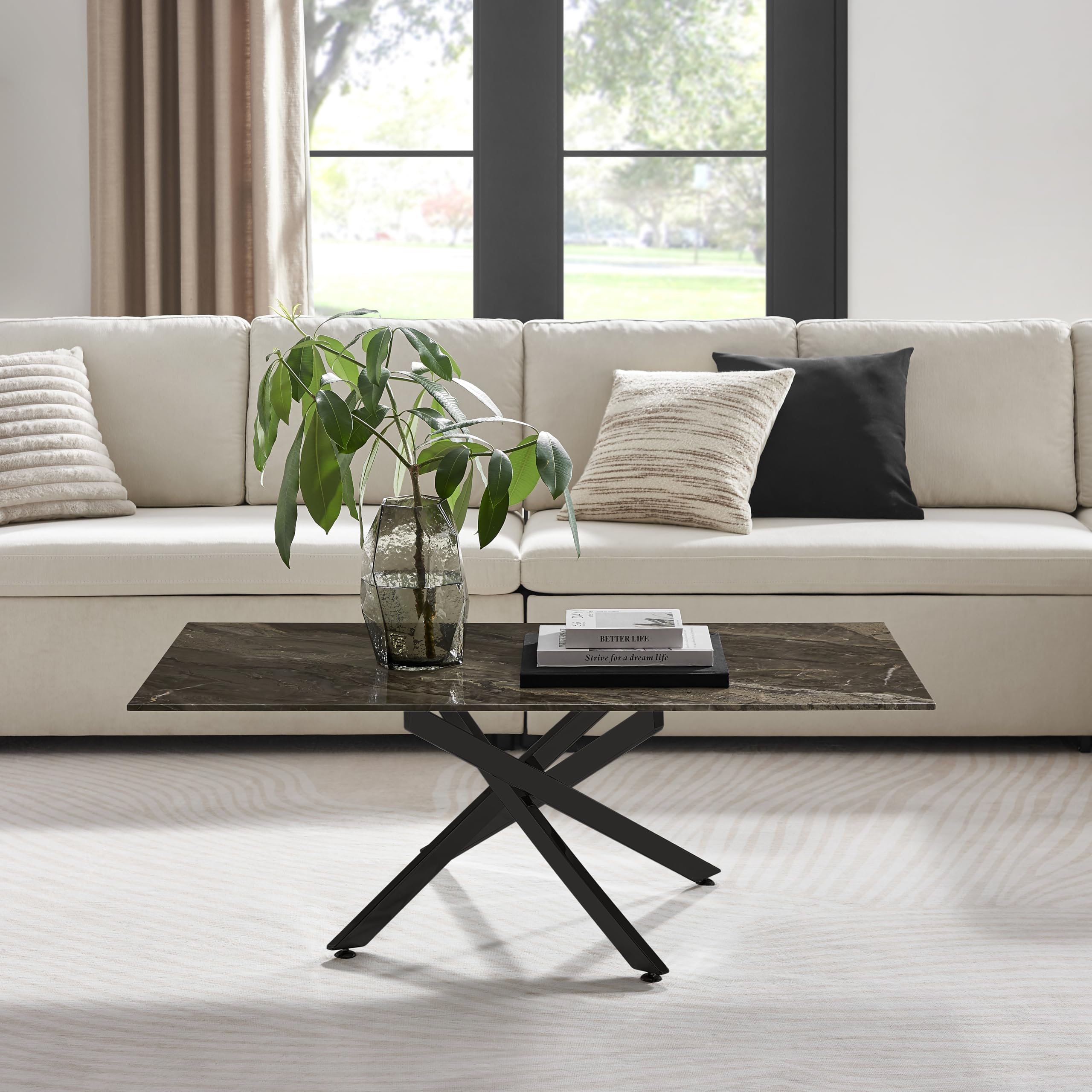 Furniturebox UK Leonardo Glass Dark Marble Effect Coffee Table - Semi Matte Black Metal Legs In Stylish Nested Starburst Design - Modern Living Room Furniture for Contemporary Homes