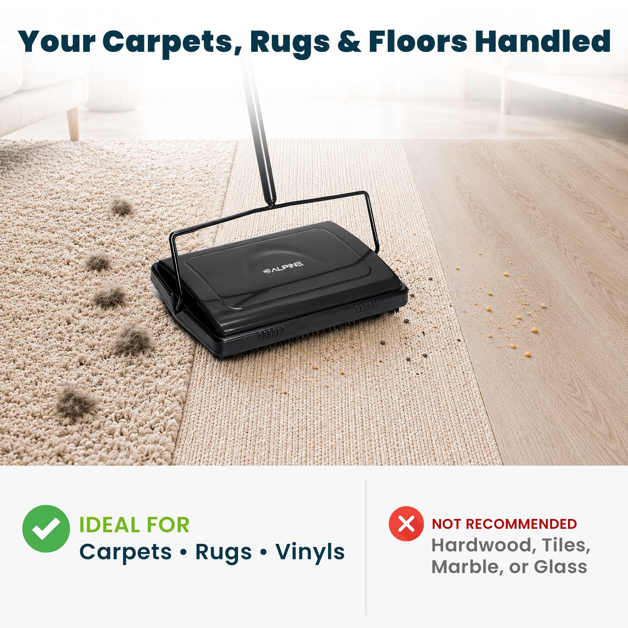 Alpine - Barredora Manual de alfombras Triple Cepillo – Limpiador de Suelos multisuperficie no eléctrico fácil Barrido para Suelos alfombrados (BLK - Mejorado)