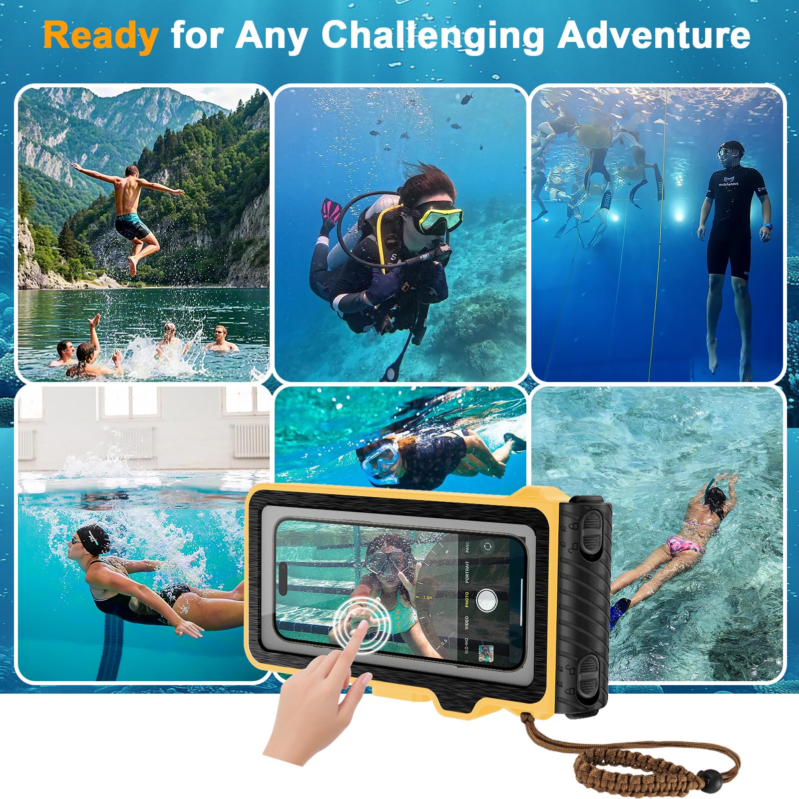 Funda de buceo para iPhone 17/16/15/14/13/12/11 Pro Max/XS/X Samsung Galaxy S26/S25/S24, funda impermeable para fotografía y vídeo subacuático (4ª, amarillo)