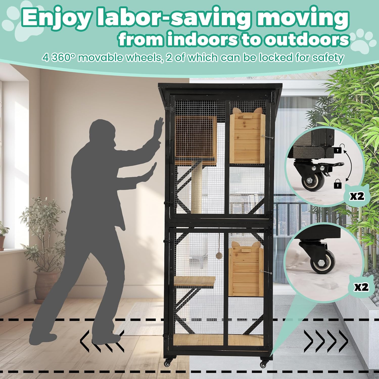 Cat Catio Outdoor Cat Enclosure, 4 Tiers Window Large Cat House on Wheels with Weatherproof Asphalt Roof, Resting Box, Wooden Cat Cage Kitten Patio with Removable Floor (Black)