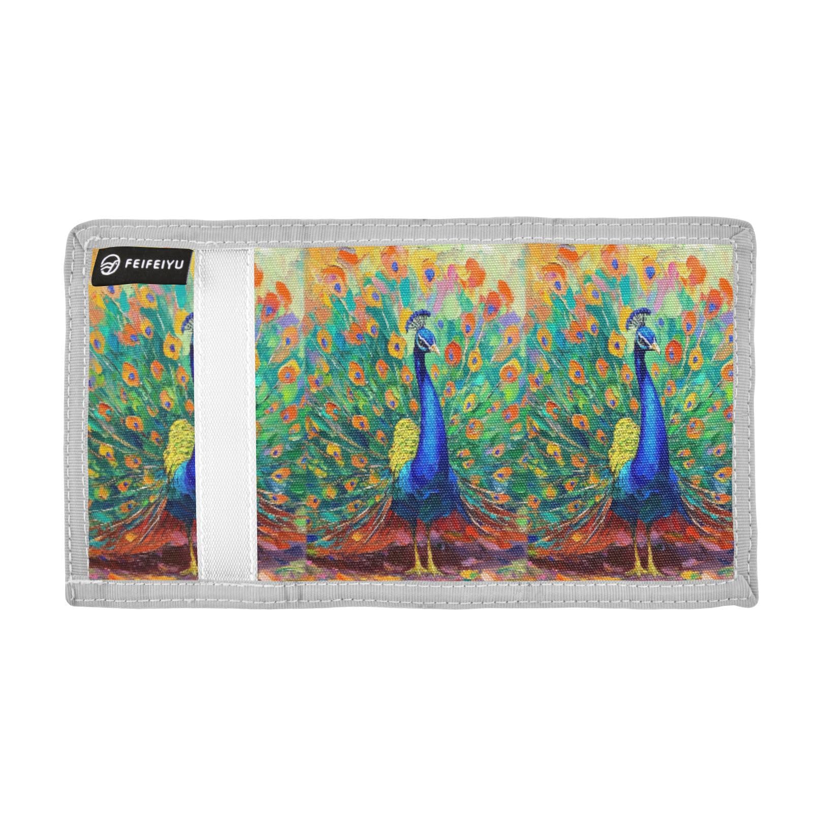 Sletend Peacock Boys’ Novelty Wallet Fabric Trifold Design with Cartoon Print, Secure Velcro Closure Lanyard Hook Multiple Compartments Ideal for Daily Carry