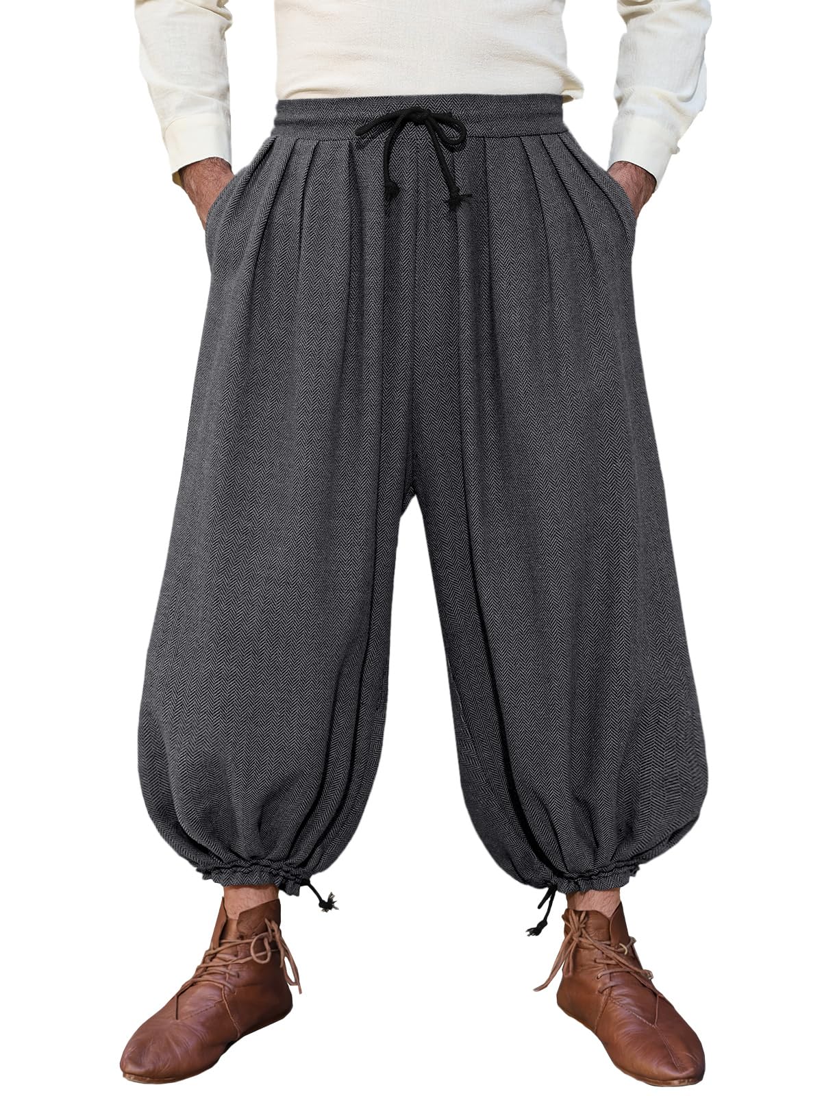 Runcati Mens Medieval Renaissance Baggy Harem Pants Pirate Costume Trousers, Dark Grey, Large