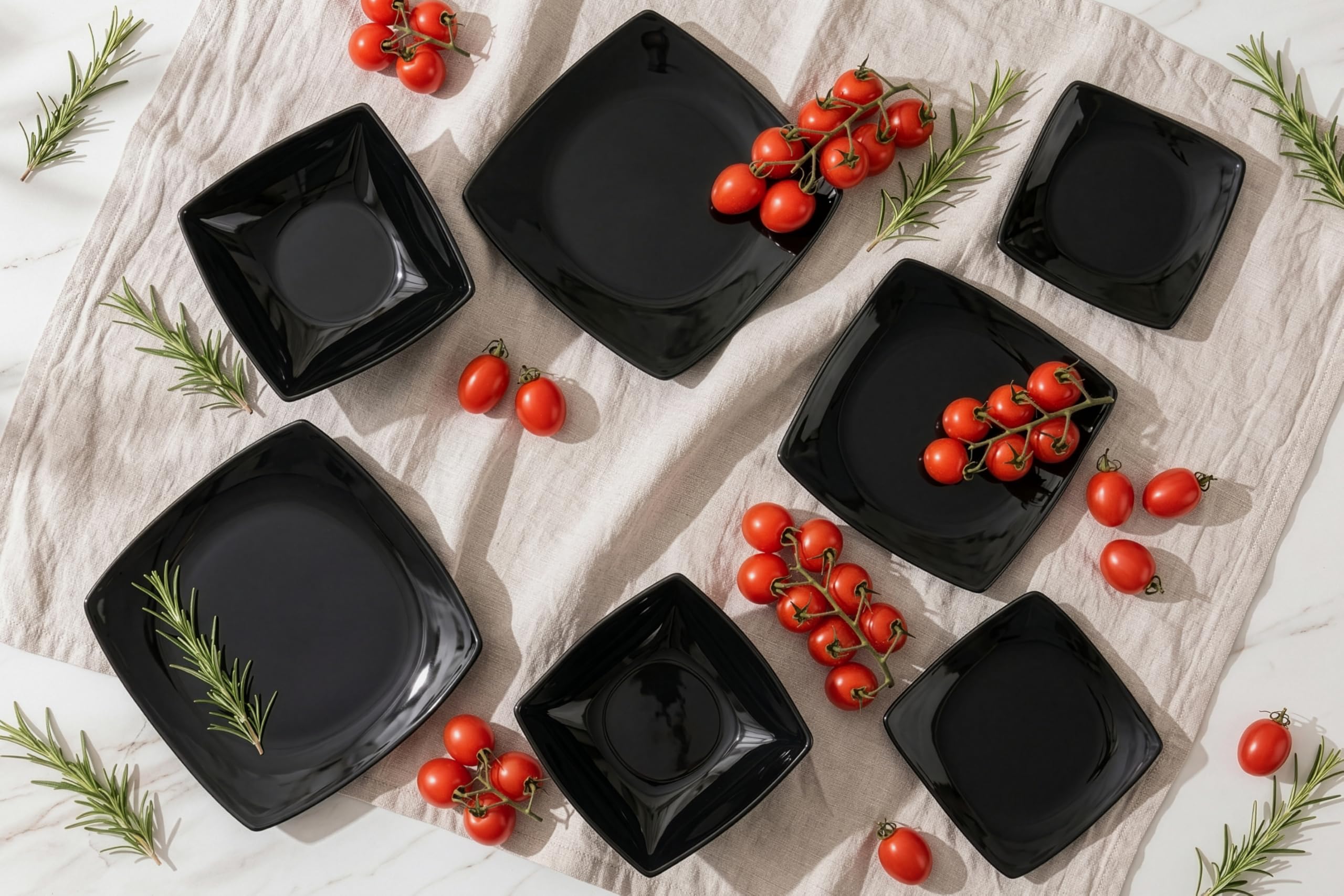KONSIMO EPIRI Geschirrset 6 Personen, 18-teiliges Tafelservice aus Steinzeug – Modernes Teller Set mit Speisetellern, Frühstückstellern & Schalen Geschirr Set (Schwarz Glanz, für 6 Personen) Küche, Haushalt & Wohnen