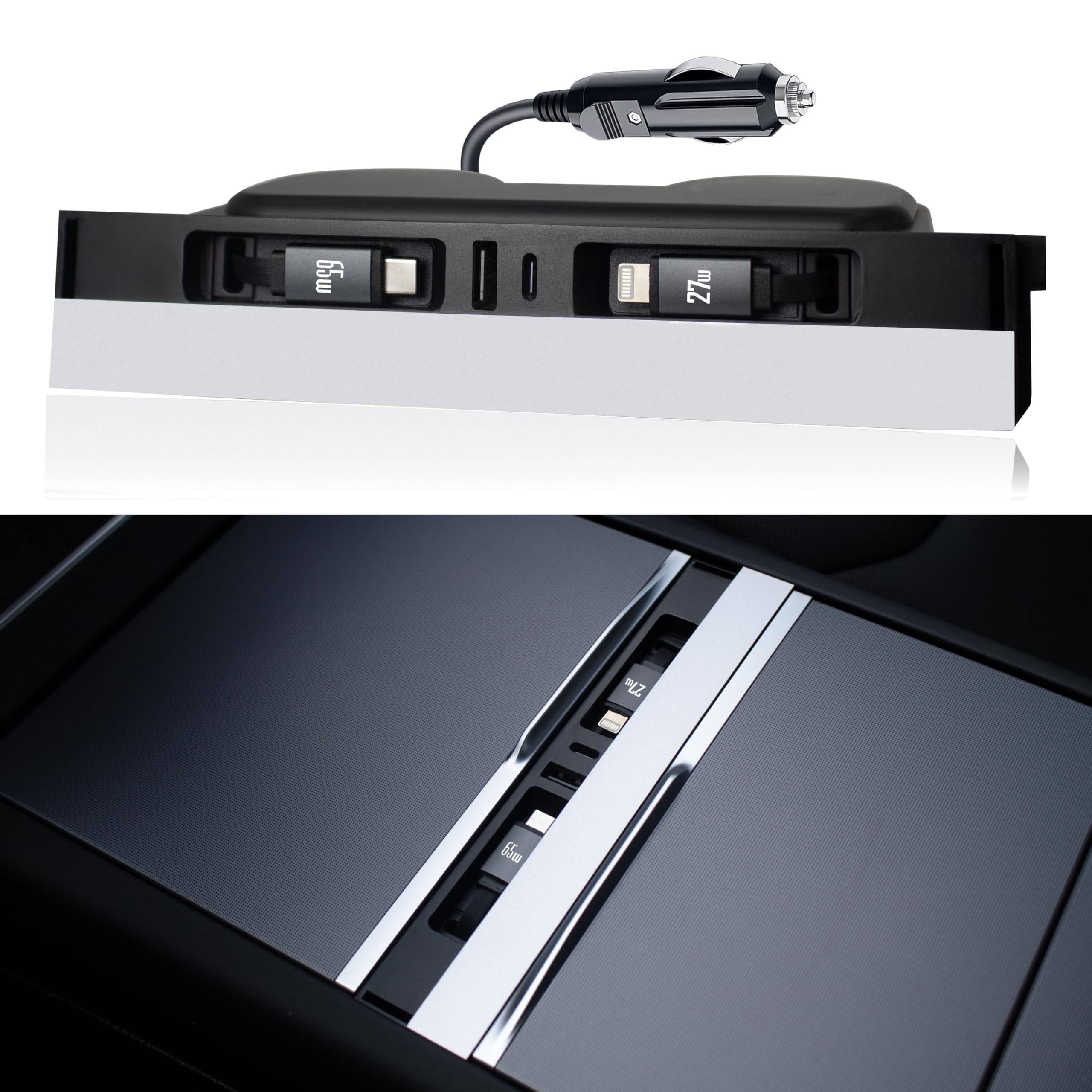 Ładowarka samochodowa USB do konsoli środkowej Tesla z szybkim ładowaniem, wysuwanymi kablami, ładowarką do telefonu, akcesoria do stacji dokującej (do modelu Y 2025-2026 i modelu 3 2024