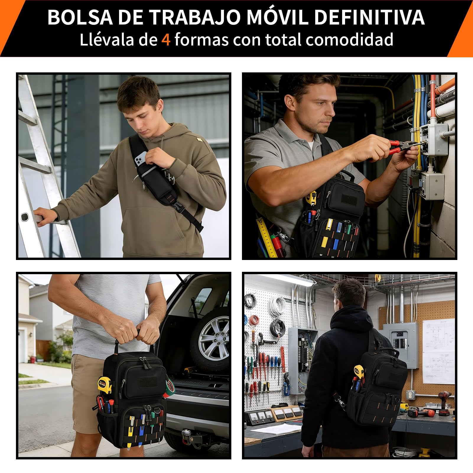 Bolsa de herramientas de pecho para electricista con correa Negro