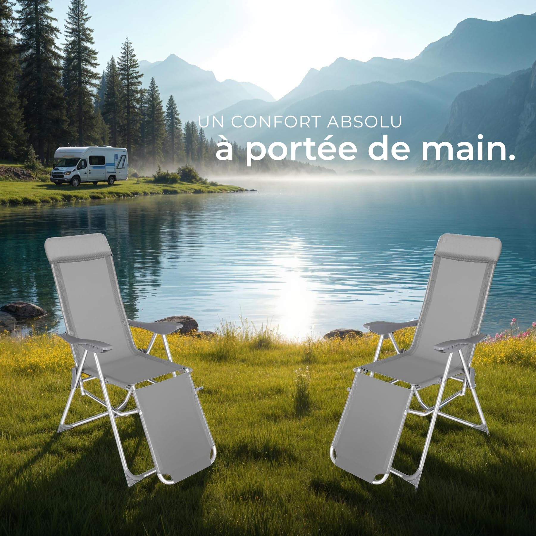 tectake® Lot de 2 Fauteuil de Jardin Chaise Longue Pliable avec Repose Pieds Accoudoirs, Appuie-tête Amovible Salon de Jardin Exterieur, Structure en Aluminium, Dossier Inclinable