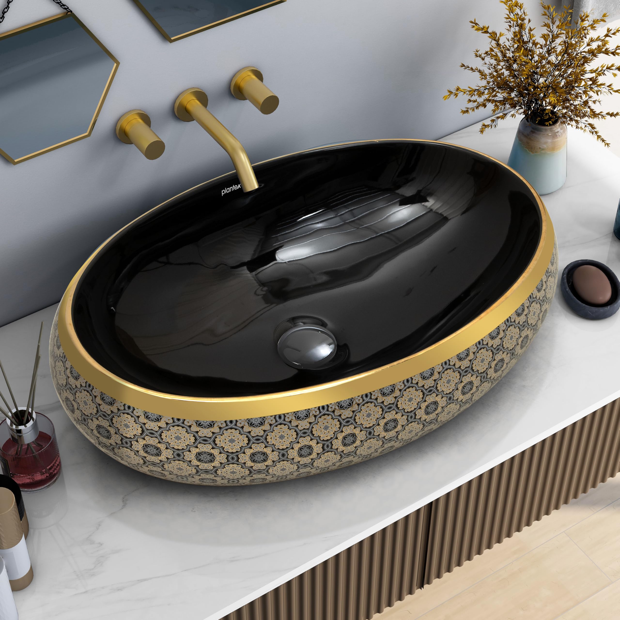 Plantex Ceramic Wash Basin - White & Gold -12 Plantex Ceramic Wash Basin - White & Gold -12