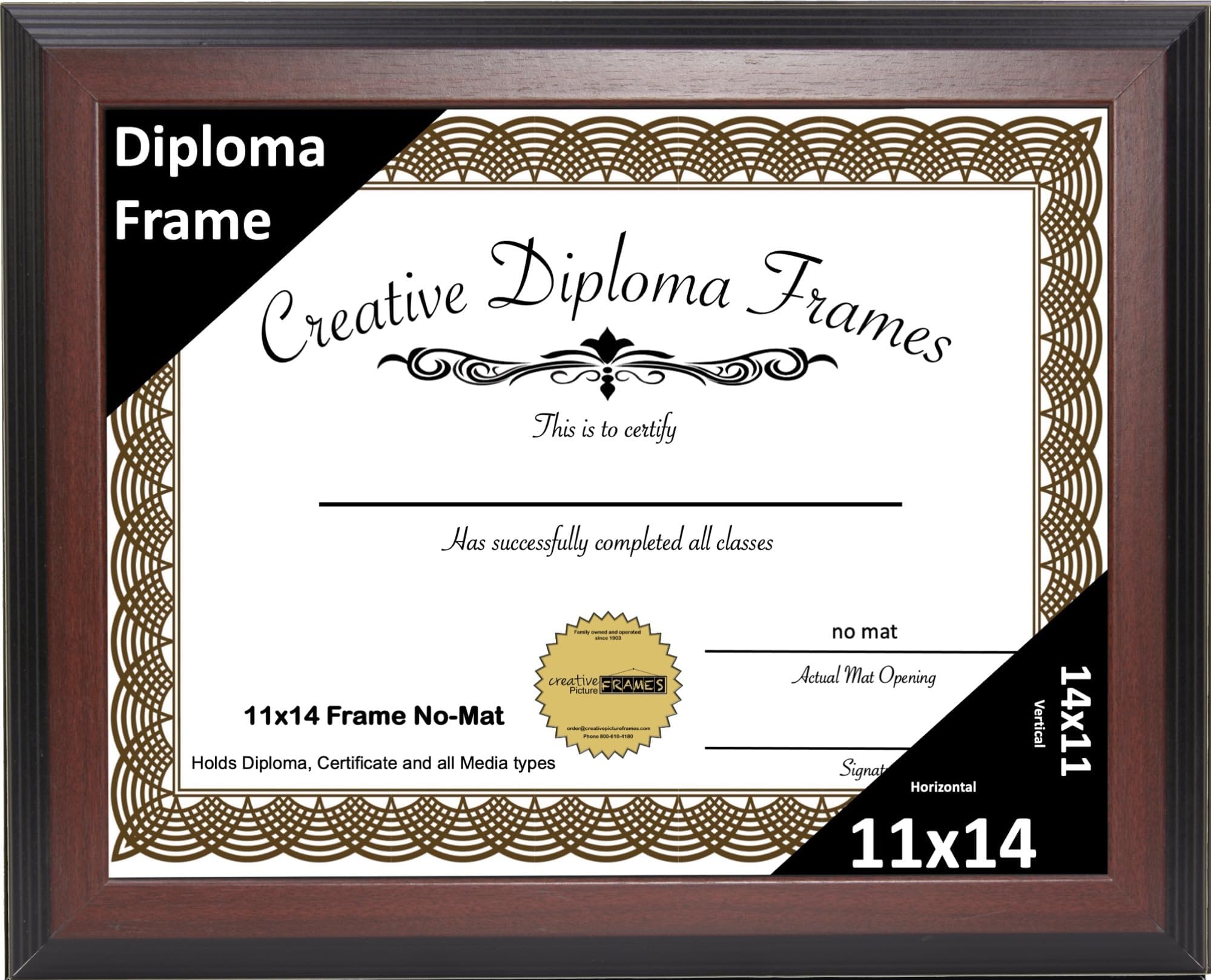 Creative Picture Frames 11x14 Diploma Frame Exact - No Mat, Congress Mahogany Wall Frame, Display Photo or Art with intalled wall hanger
