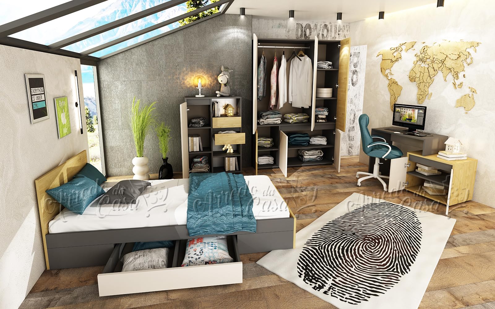 ARREDO DA CASA Cameretta Completa Moderna con Letto con Cassetti 90x200 cm, Mobiletto, Armadio, Scrivania con Box, Ante Soft-close, Grafite, Rovere Chiaro e Beige CCU21 (Solo cameretta)