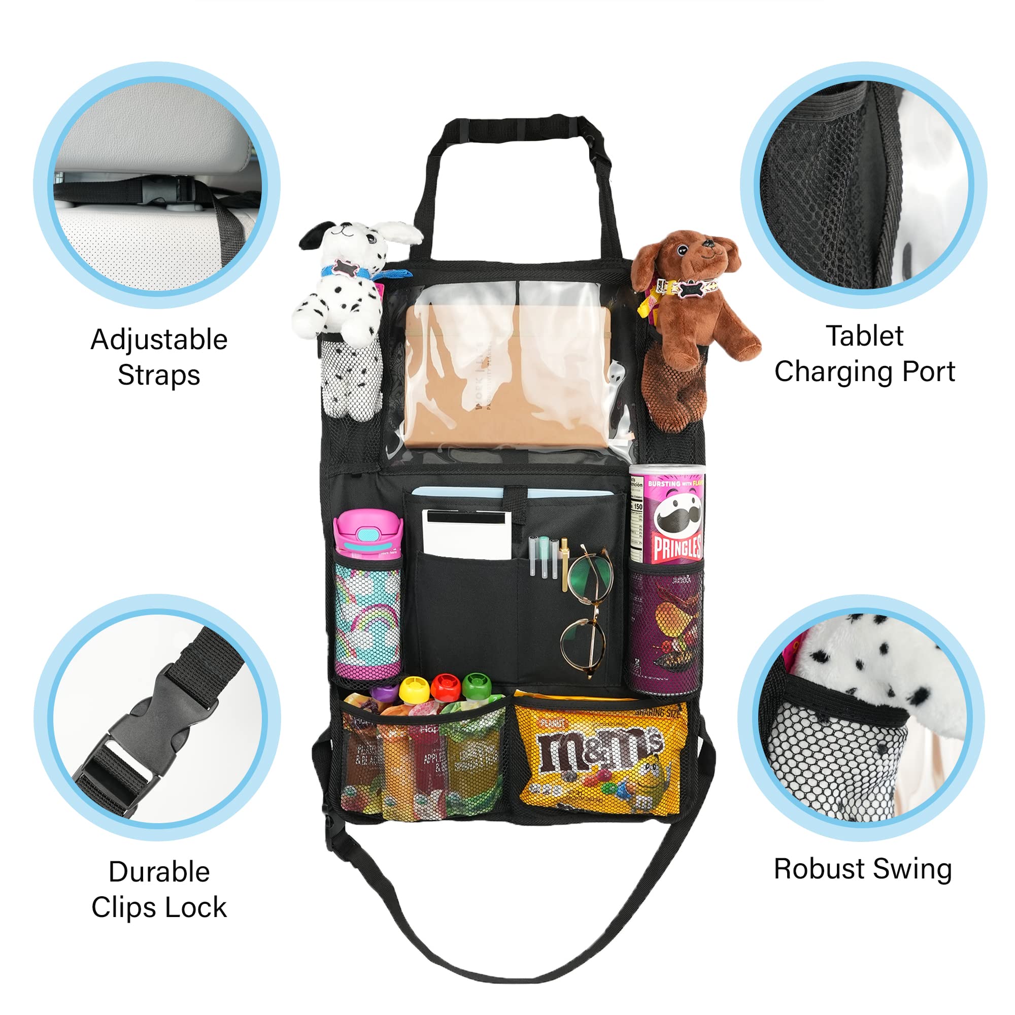 Organizador de asiento de coche – Juego de 2 organizadores de coche y almacenamiento con 10 bolsillos, organizador de almacenamiento para tablet para niños – Organizador de asiento trasero