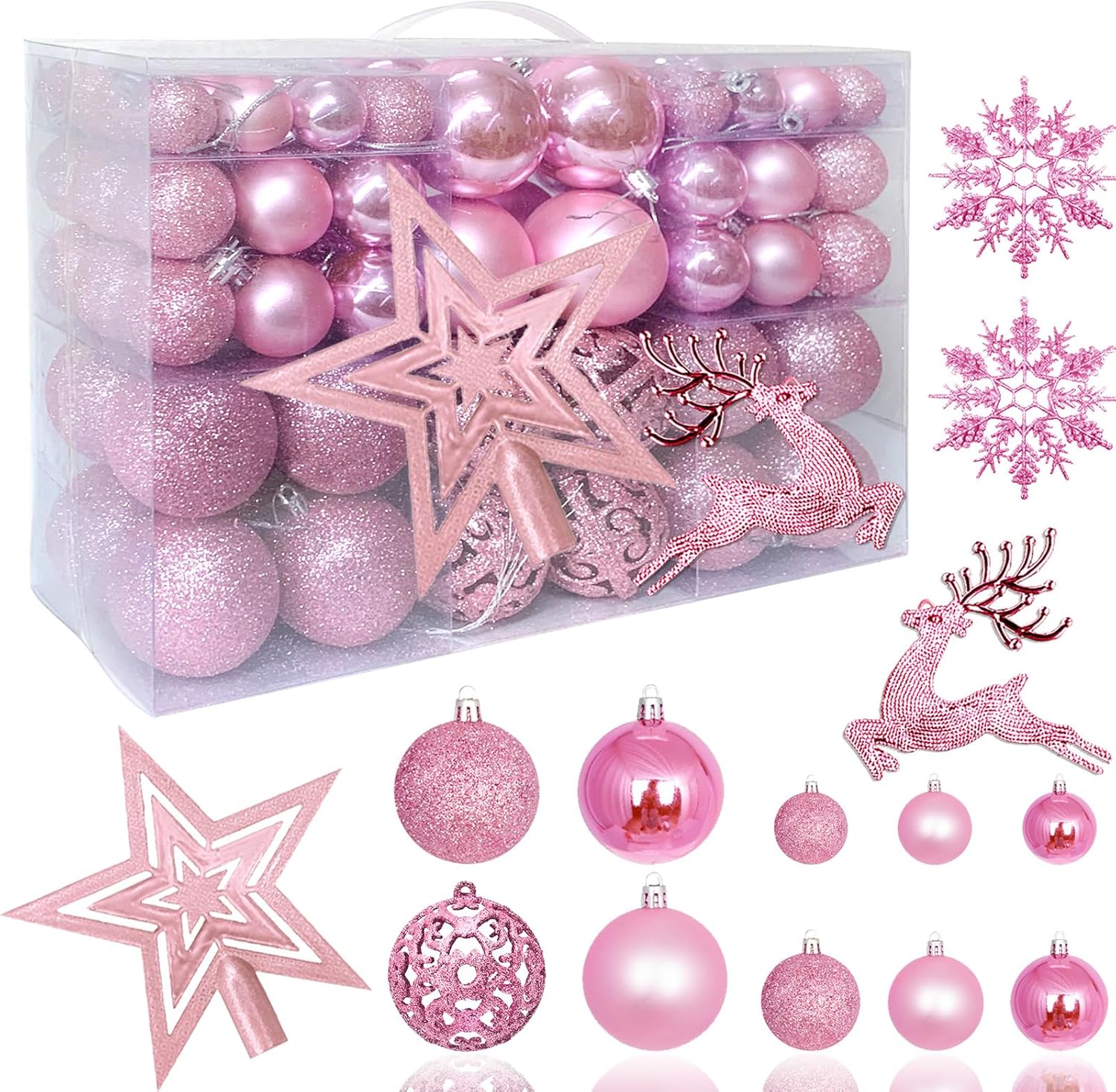 104 PCS Christmas Ornaments Set for Tree Decorations, Shiny, Matte, Glitter Plastic Hanging Christmas Balls with Loop for Xmas Tree Holiday Wedding Party Decorated Baubles (Pink) 104 PCS Christmas Ornaments Set for Tree Decorations, Shiny, Matte, Glitter Plastic Hanging Christmas Balls with Loop for Xmas Tree Holiday Wedding Party Decorated Baubles (Pink)