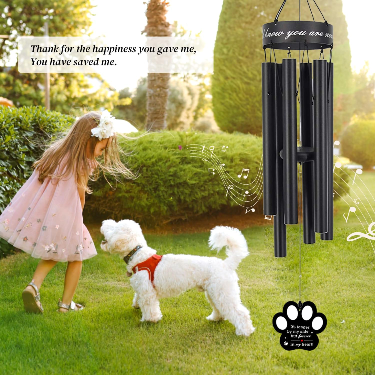 Pet Memorial Wind Chime, 30 Inches Paw Print Pet Remembrance Gift to Honor and Remember a Dog, Cat, or Other Pet, Premium Metal Wind Chime, Black