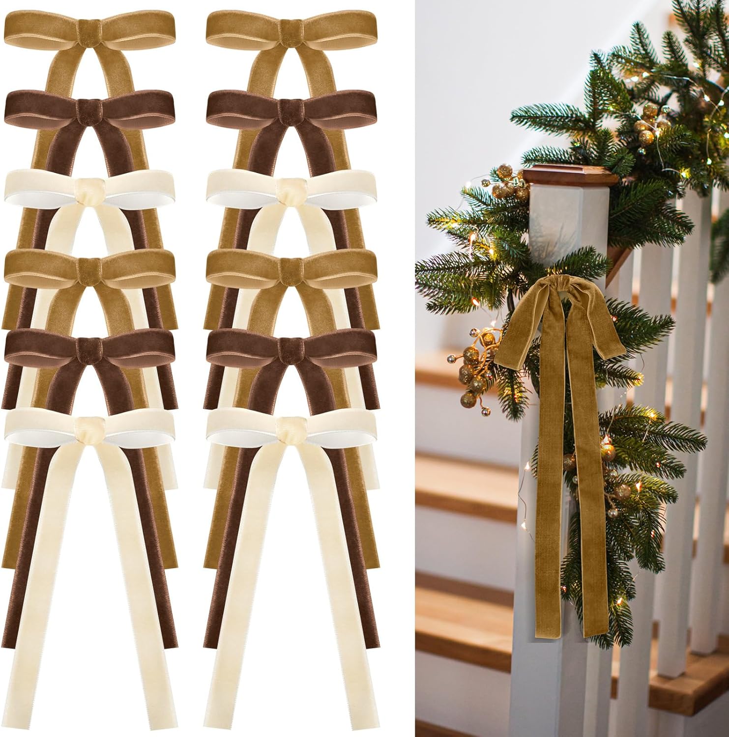 24 Pcs Velvet Bows Christmas Tree Ornaments Vintage Velvet Ribbon Bows for Tree Garland Wreath Indoor Xmas Decorations(9 x 13 Inch,Width of 1",Brown,Khaki,Beige)