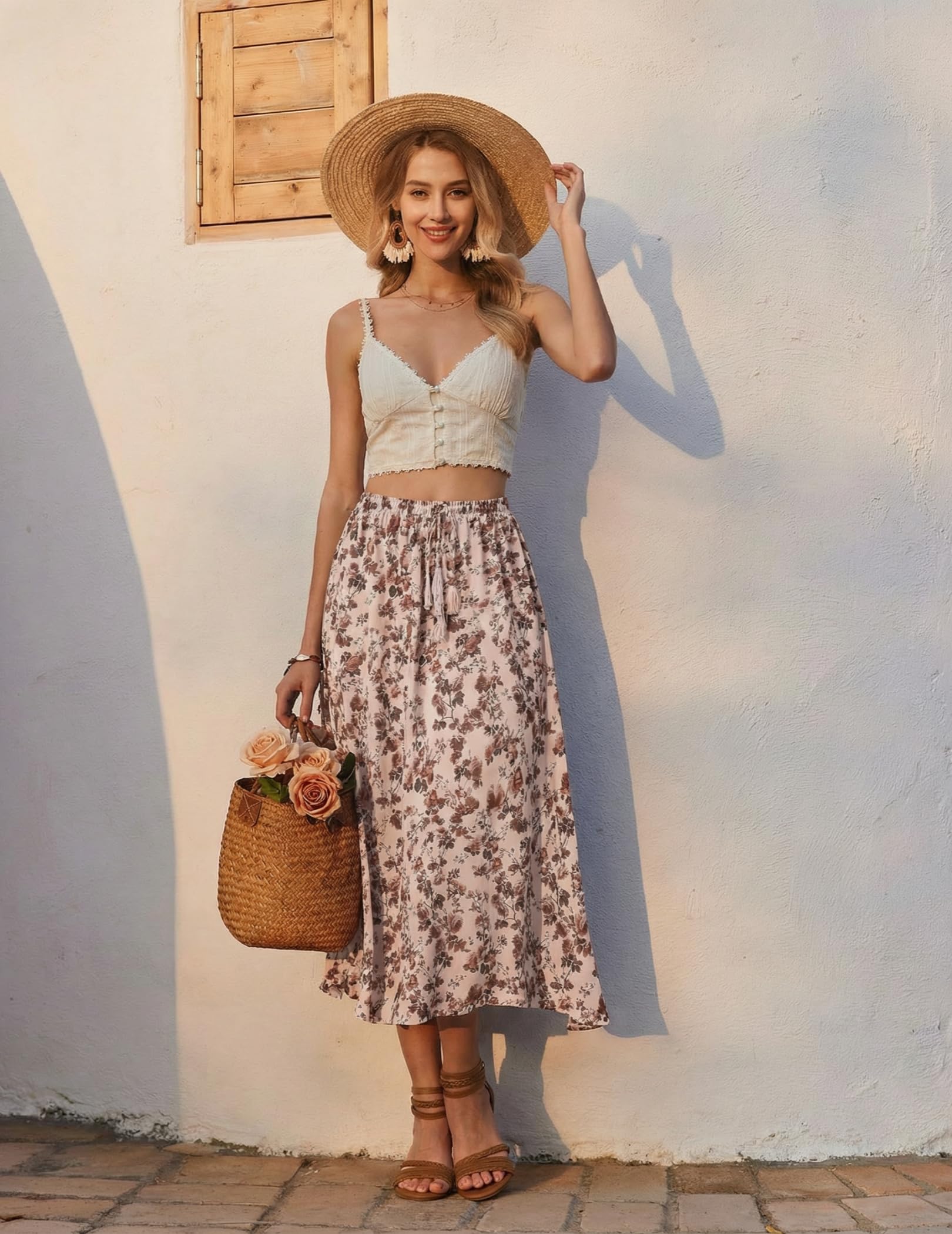 Zeagoo Jupe Femme Longue Elastique Élégante Taille Haute Maxirock avec Cordon Unie Casual Jupe de Temps Libre Mariage Cocktail