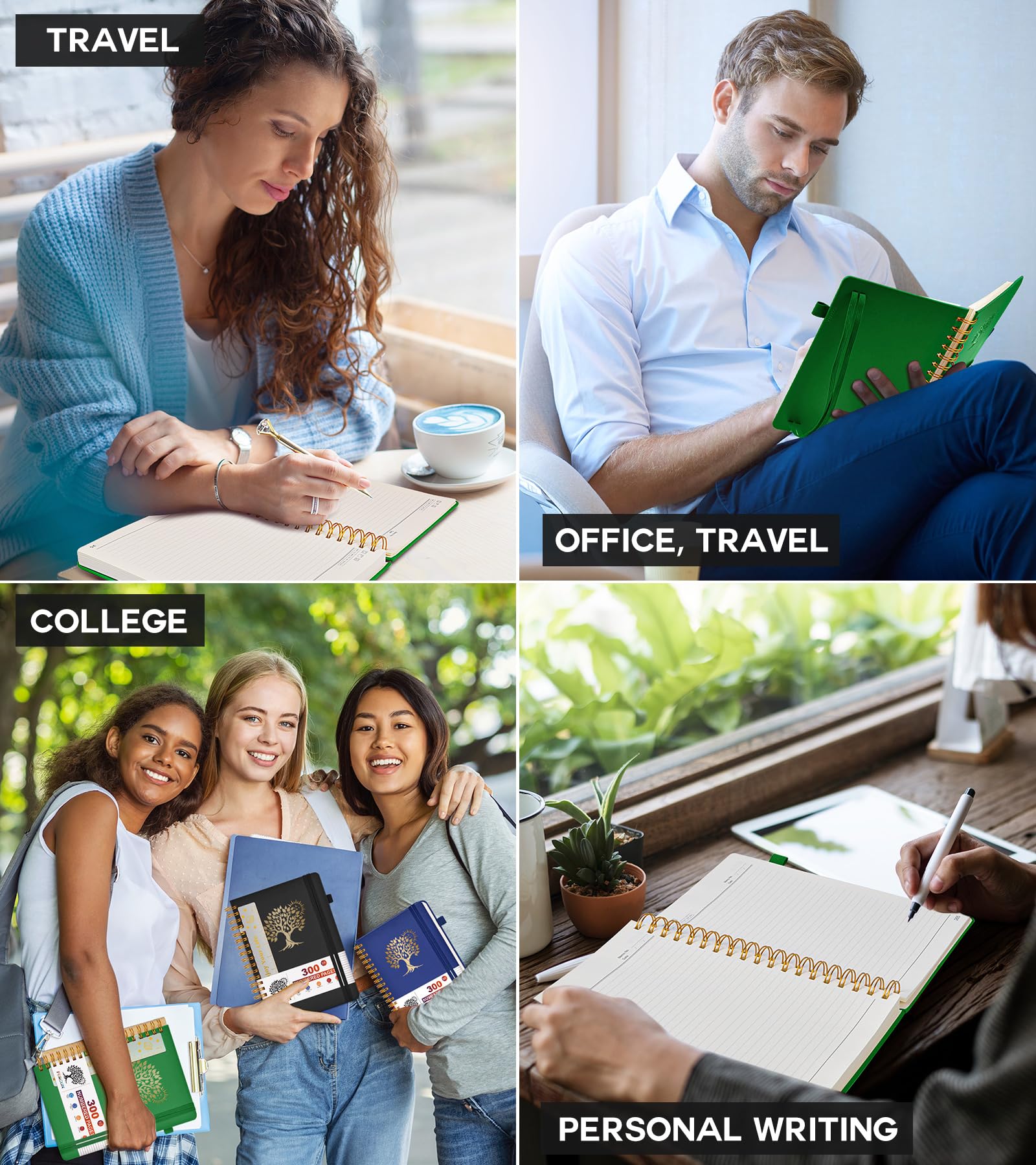 Grand carnet à spirale avec 300 pages numérotées – Journal à spirale A4 pour écriture, pages lignées pour l'université, le travail et l'école – Carnet à couverture rigide en cuir – 21,6 x 27,9 cm