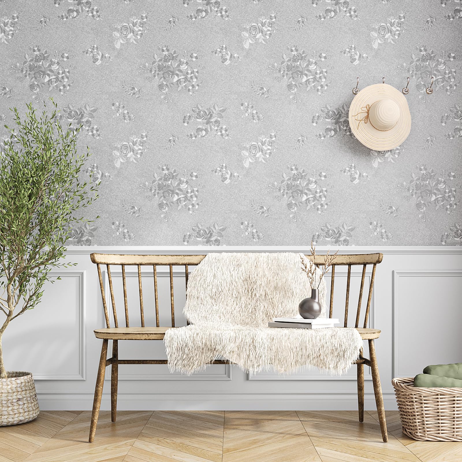 VEELIKE Metallic Silver Grey Wallpaper Peel and Stick Textured