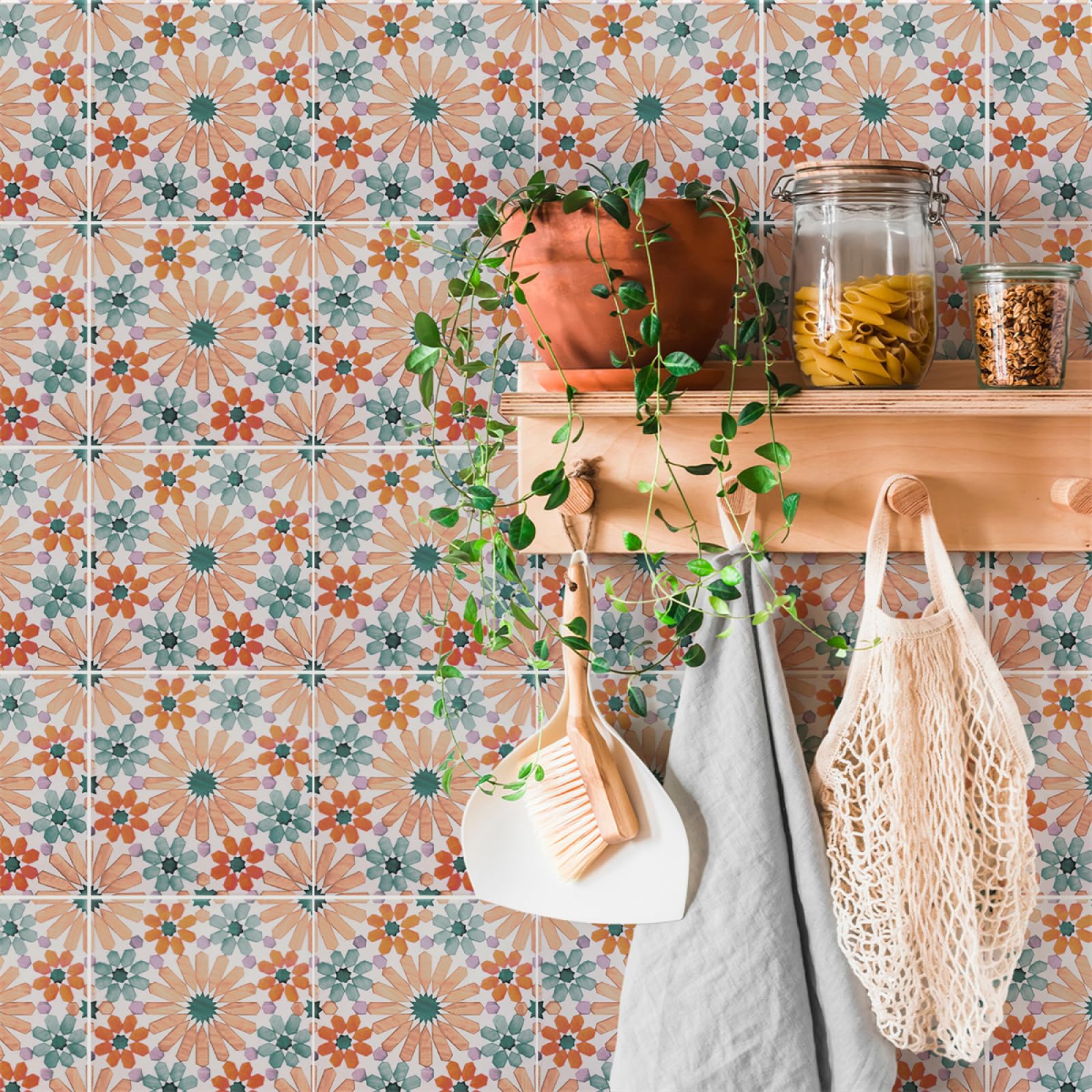 Peel and Stick Wall Tiles Mandala Orange Green Tiles Self Adhesive PVC Home Decor Backsplash Kitchen Tile Stickers Waterproof Tile Stickers for Bathroom 15x15cm /20 Pcs