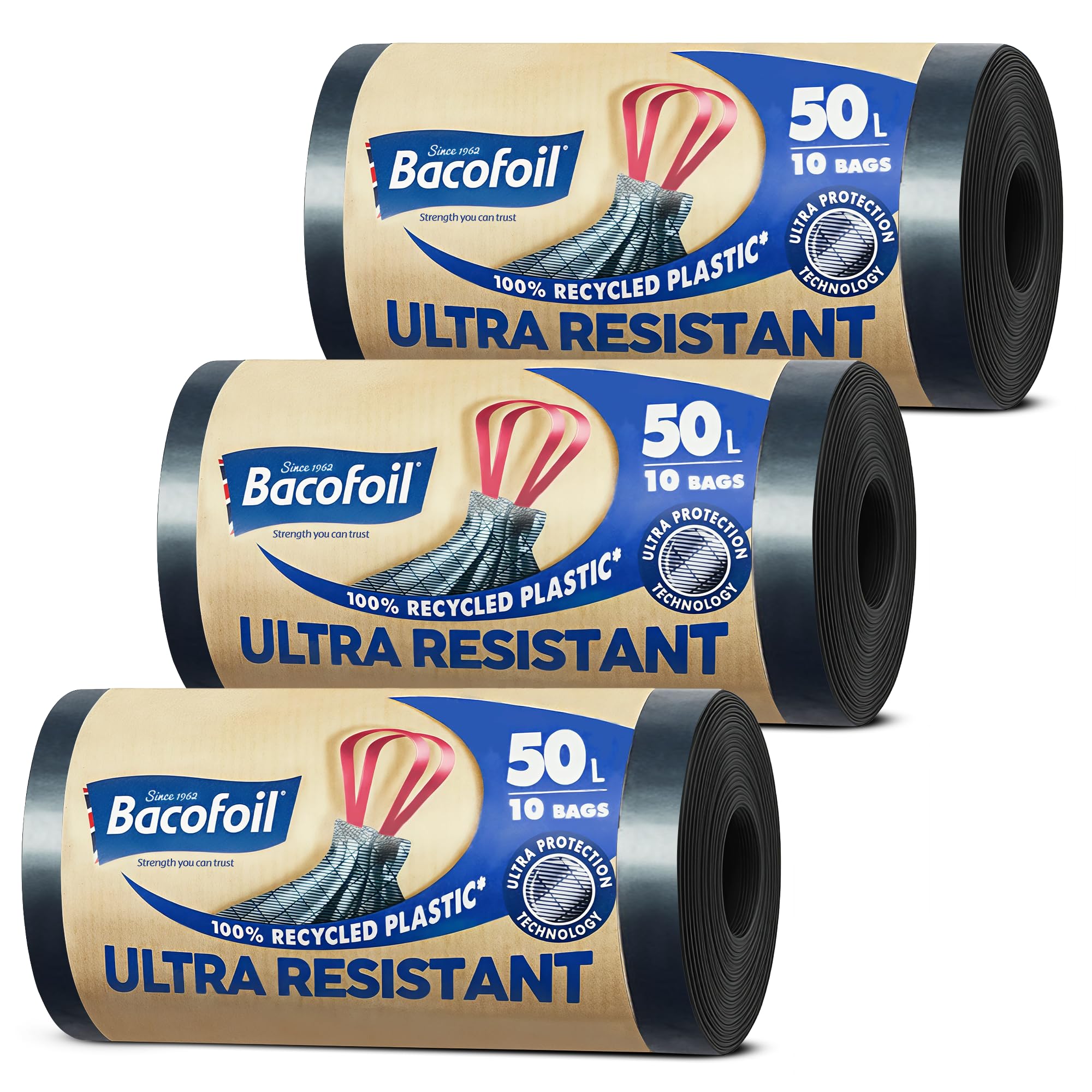 Bacofoil Ultra Resistant Bin Liners with Drawstring Handles 50L - Leak-Proof and Tear Resistant Bin Bag with Ultra Protection Technology (3 Rolls, 30 Bags)…