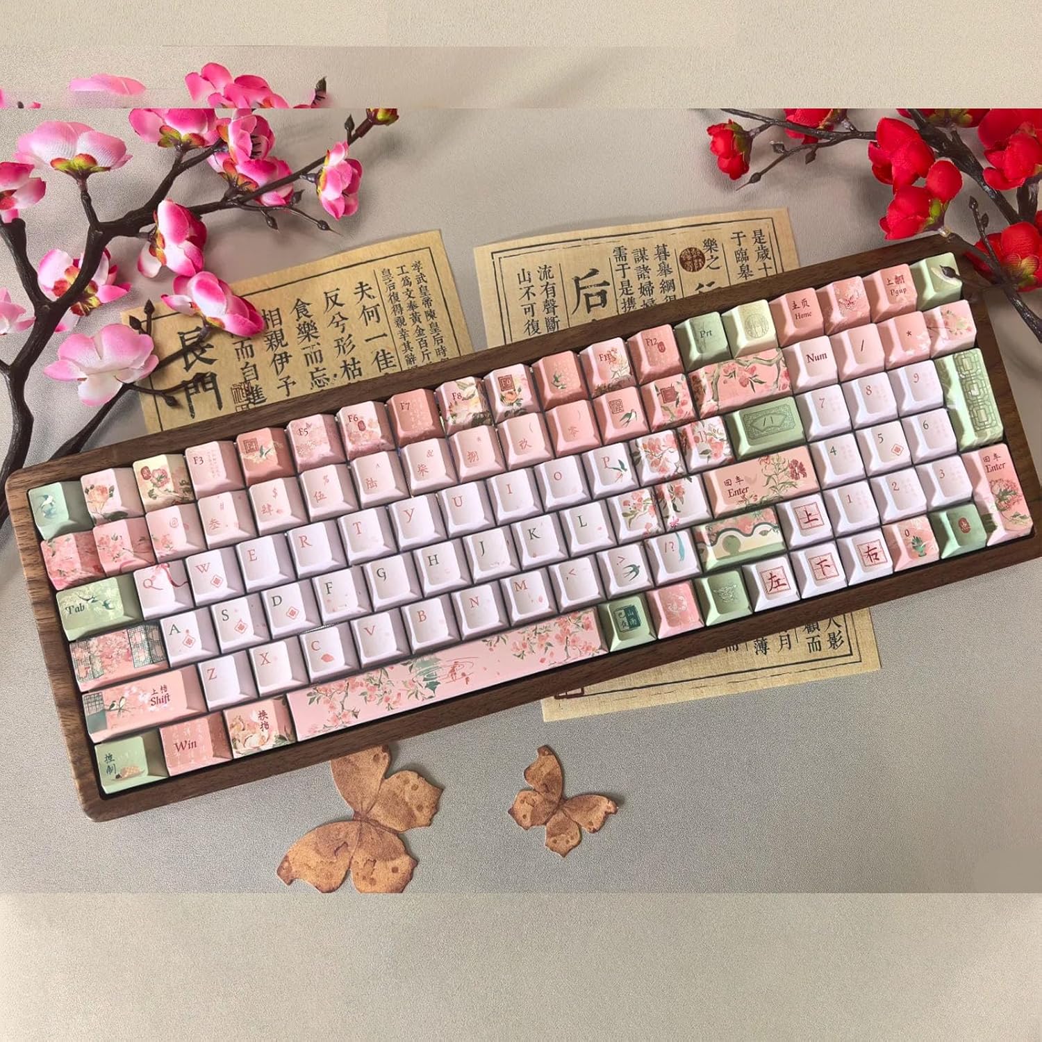 120 Keys Gradient Pink and Green PBT Keycaps Set, Dye Sublimation Custom Cherry Profile Chinese Character Design for ANSI Layout Mechanical Gaming Keyboard