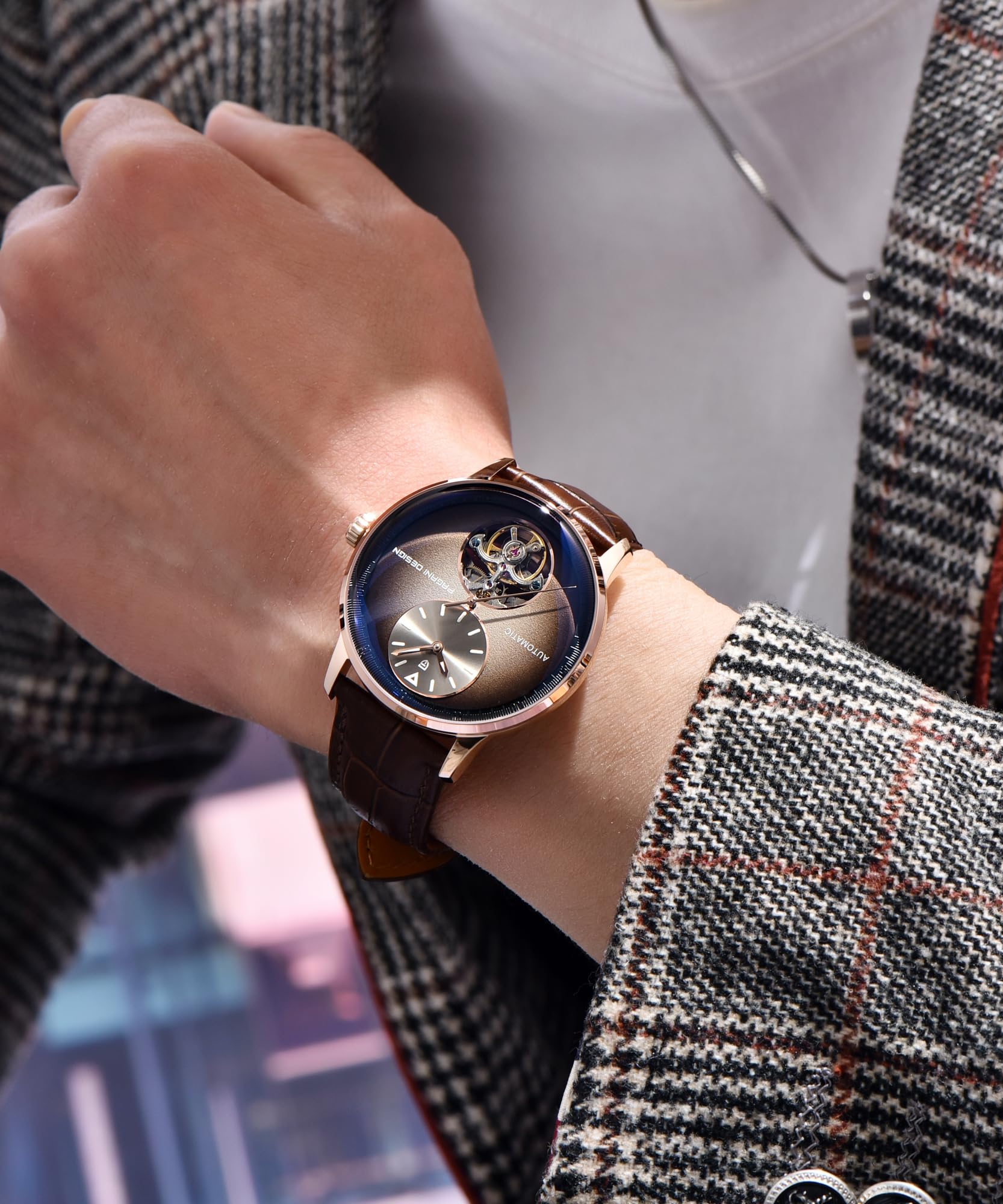Orizontime Pagani Design Automatische mechanische Uhren für Herren, 42 mm Zifferblatt, Lederband, Silber, blau, Luxuriös