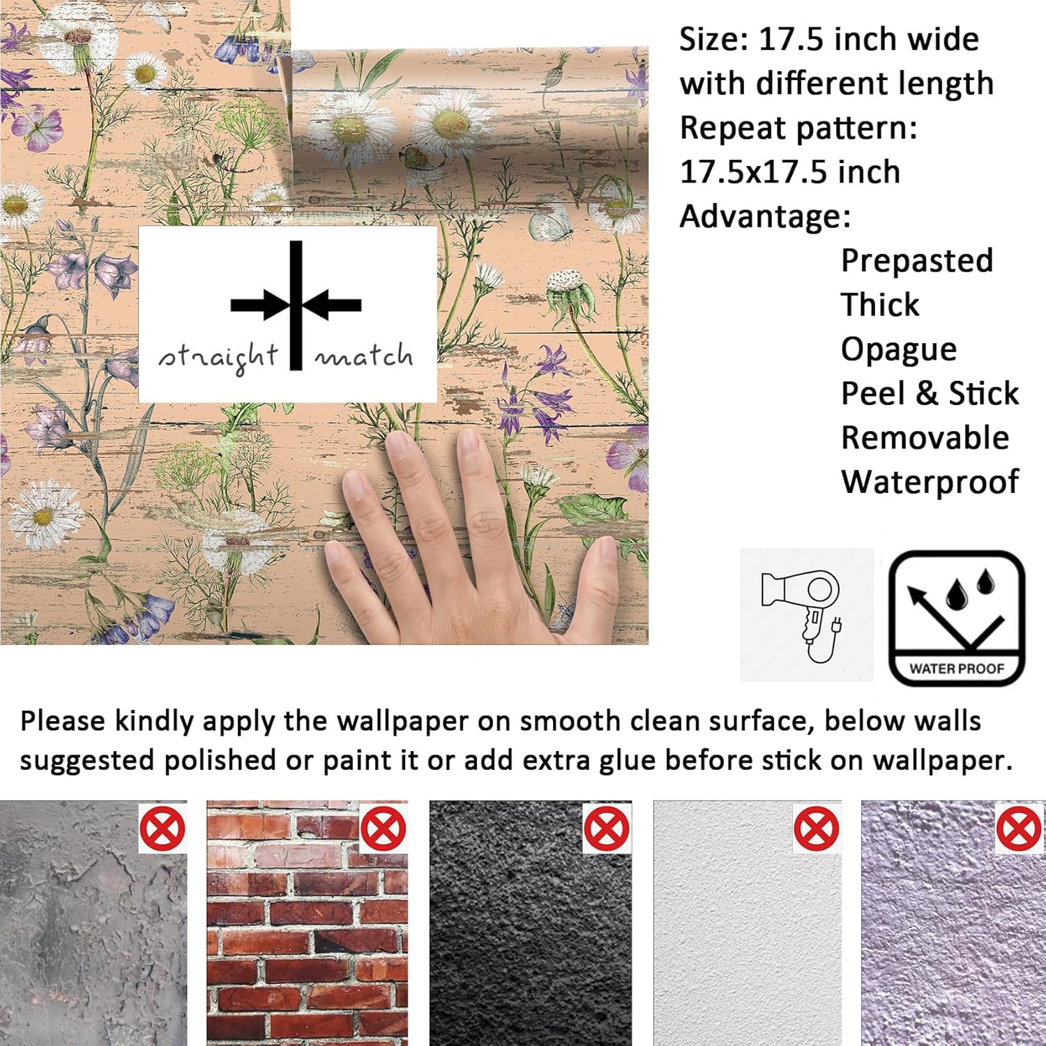 Livelynine 17.5x276 Pink Wood Peel and Stick Wallpaper Flowers Decorative Contact Paper Patterns Wood Grain Floral Art White Daisy Pink Purple Green Botanical Vintage Wildflower Wallpaper for Kitchen